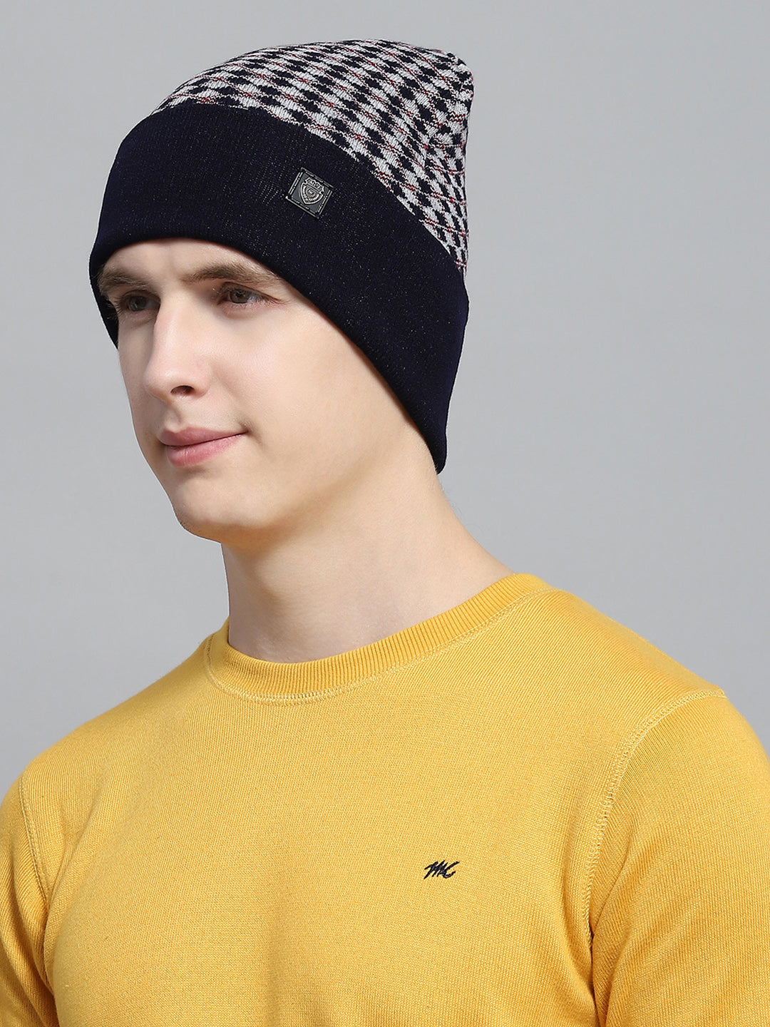 Men Navy Blue Self Design Cap