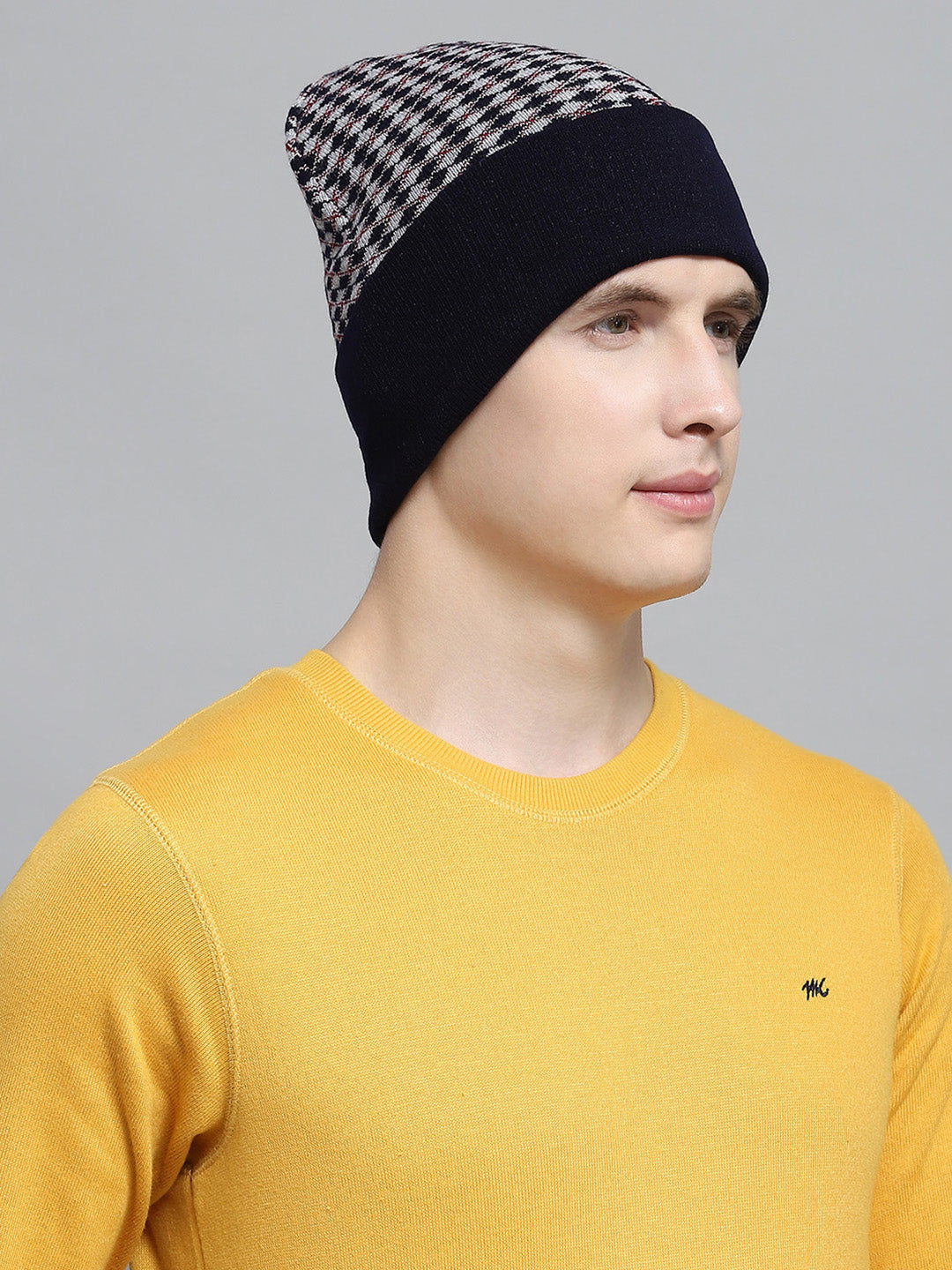 Men Navy Blue Self Design Cap