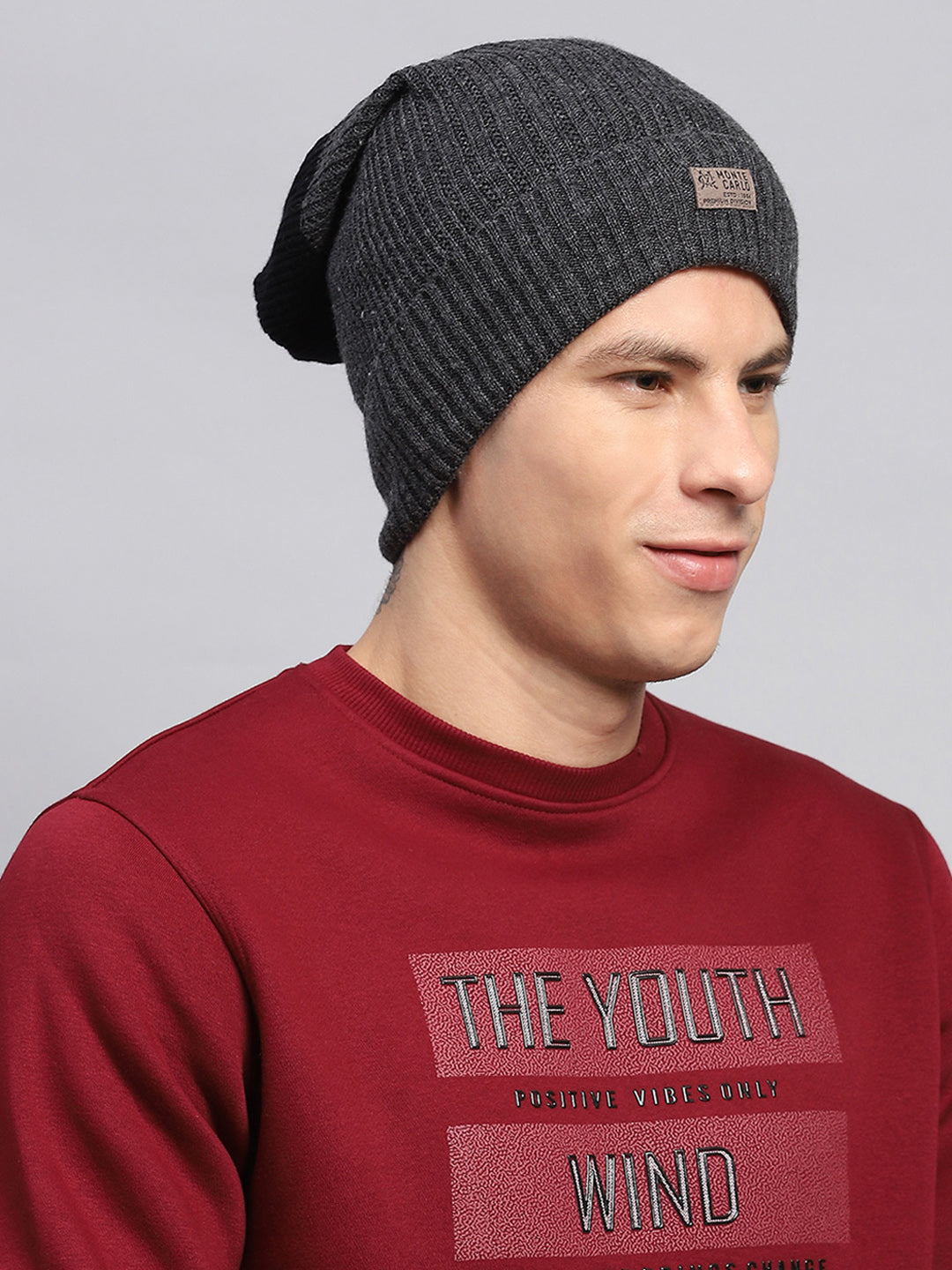 Men Grey Self Design Blend Wool Cap