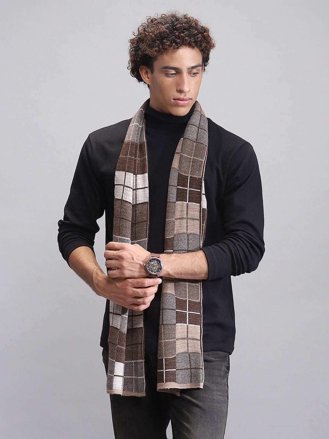 Men Brown Self Design Muffler
