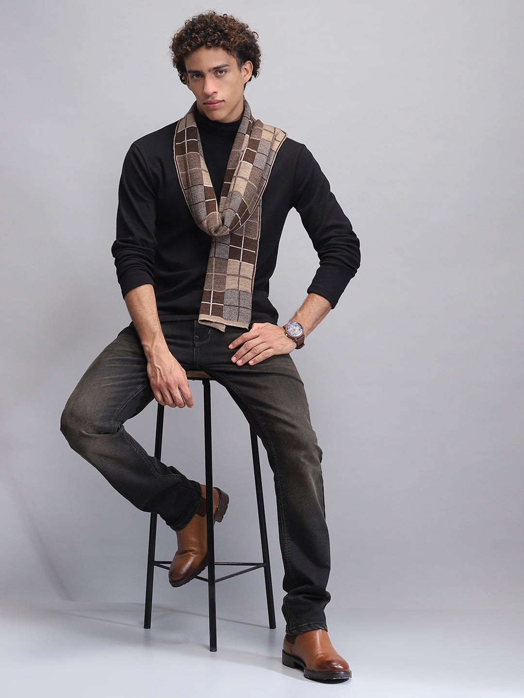 Men Brown Self Design Muffler