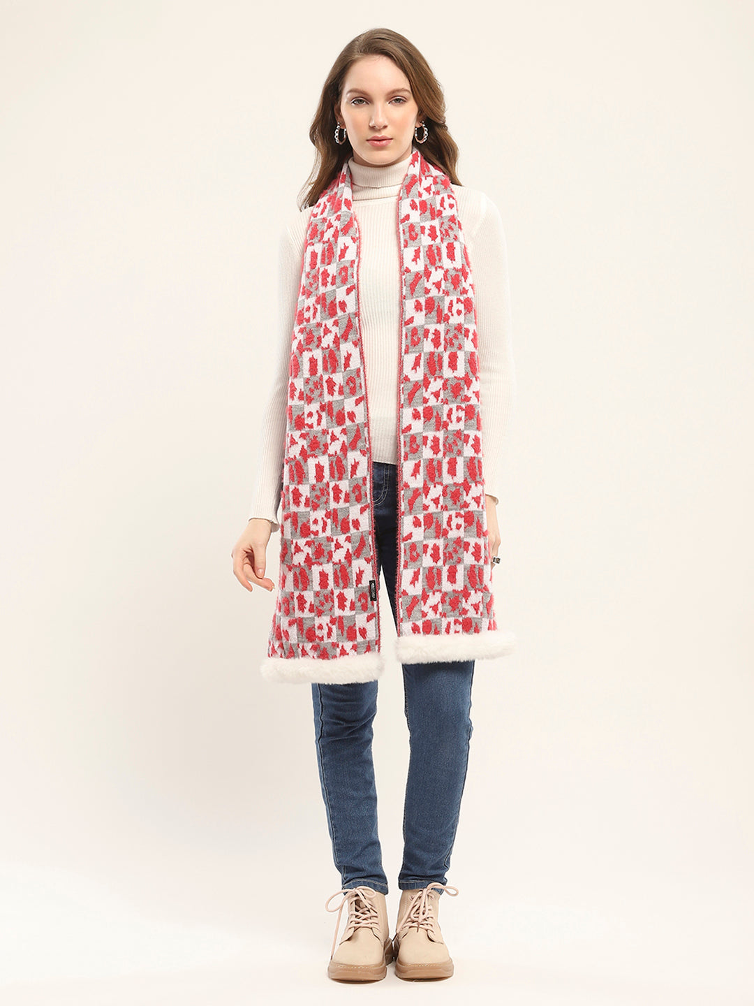 Women Red Self Design Muffler