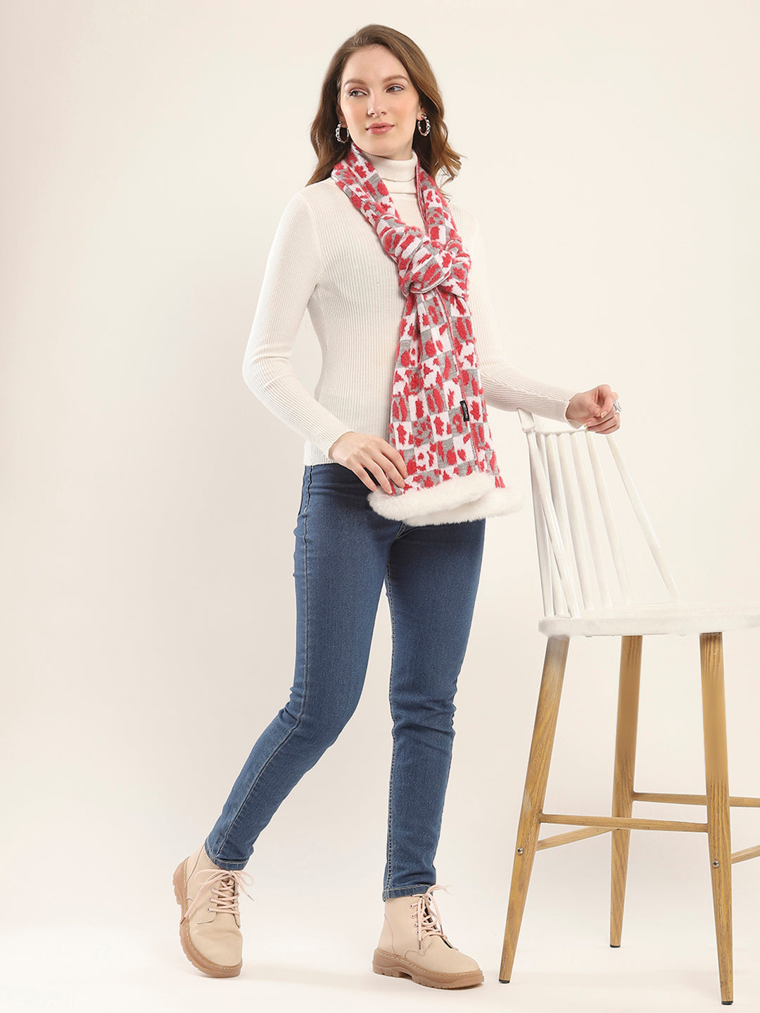 Women Red Self Design Muffler