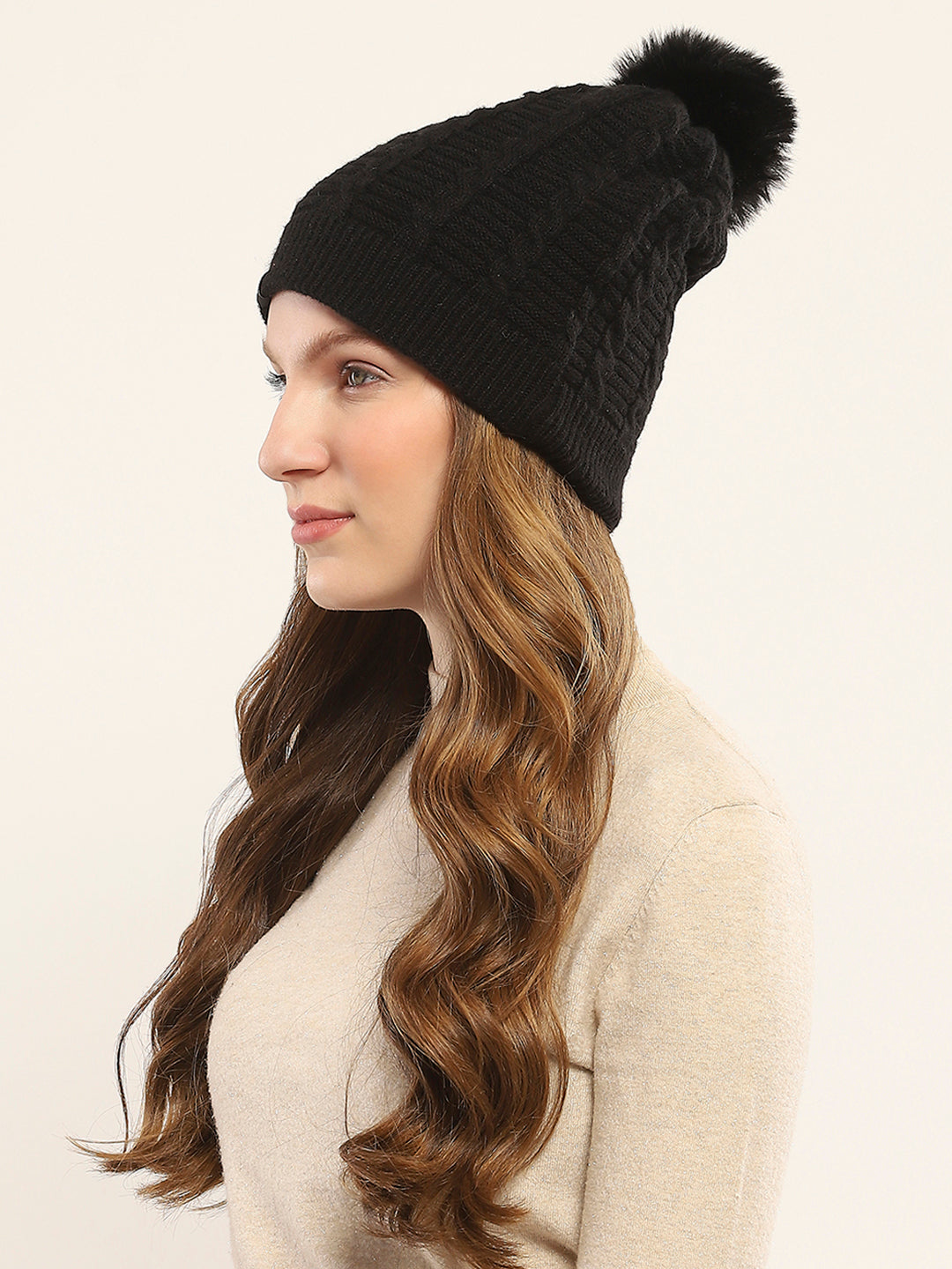 Women Black Self Design Cap