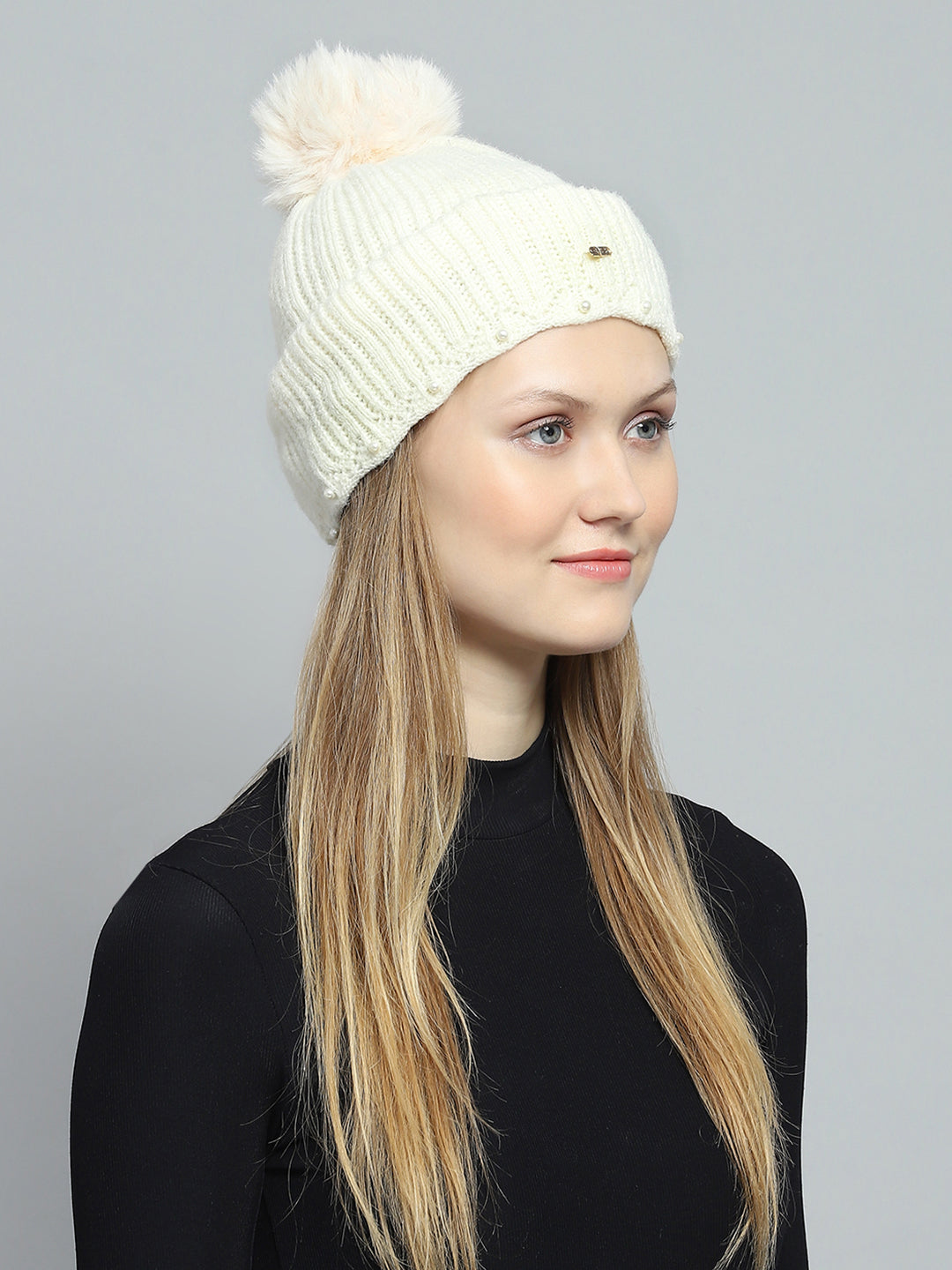 Women Off White Self Design Cap