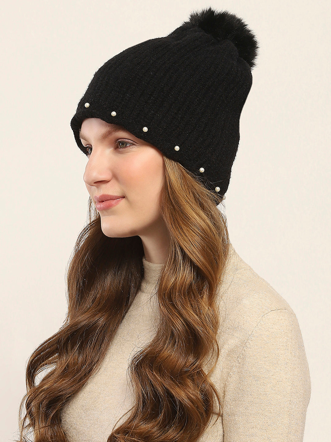 Women Black Self Design Cap