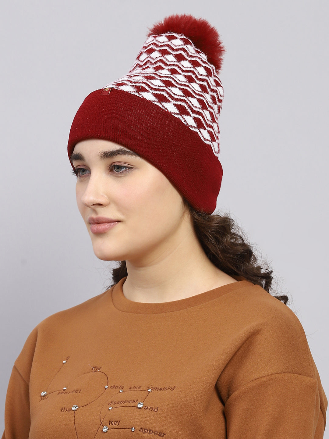 Women Maroon Self Design Cap
