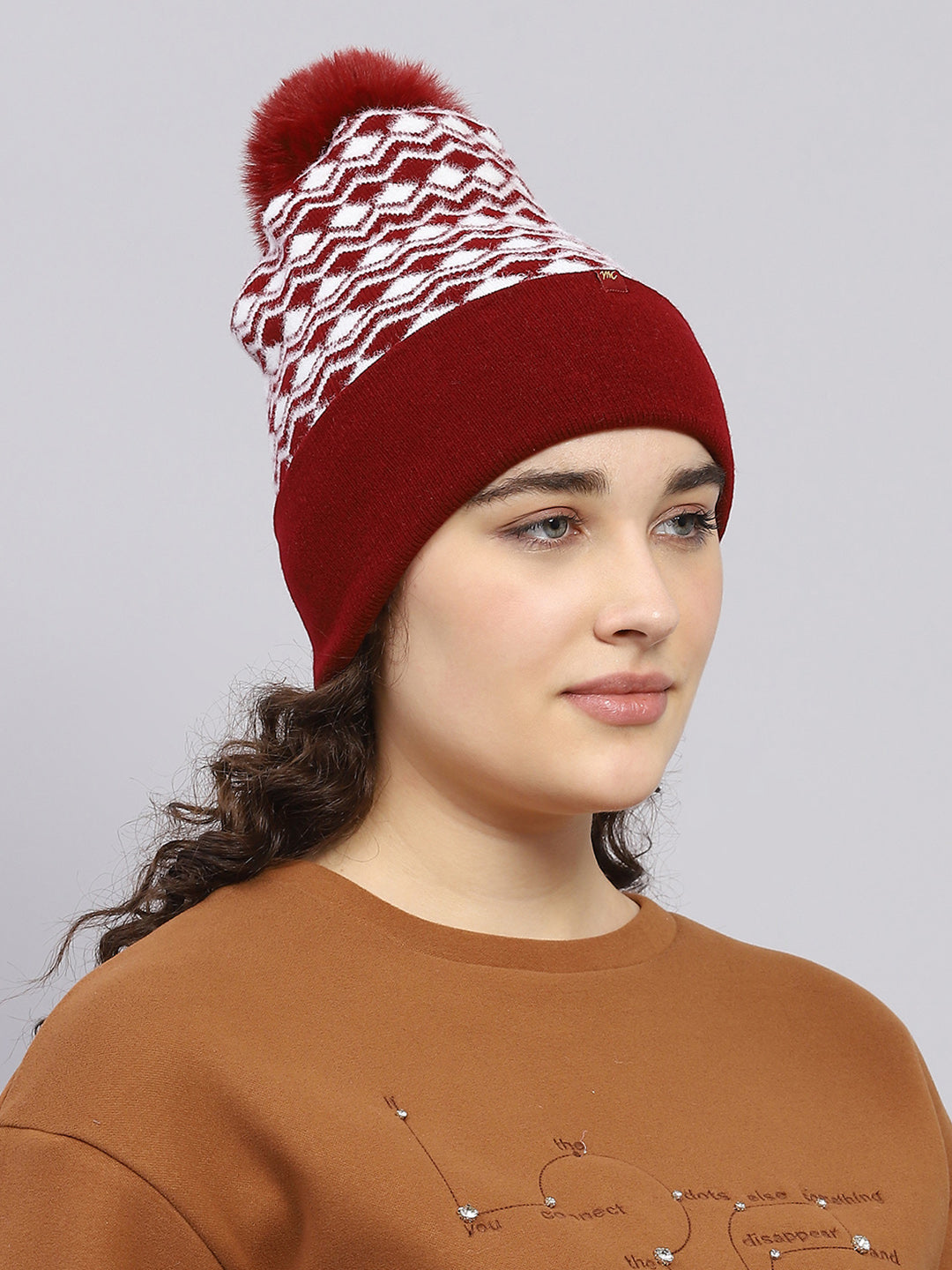 Women Maroon Self Design Cap