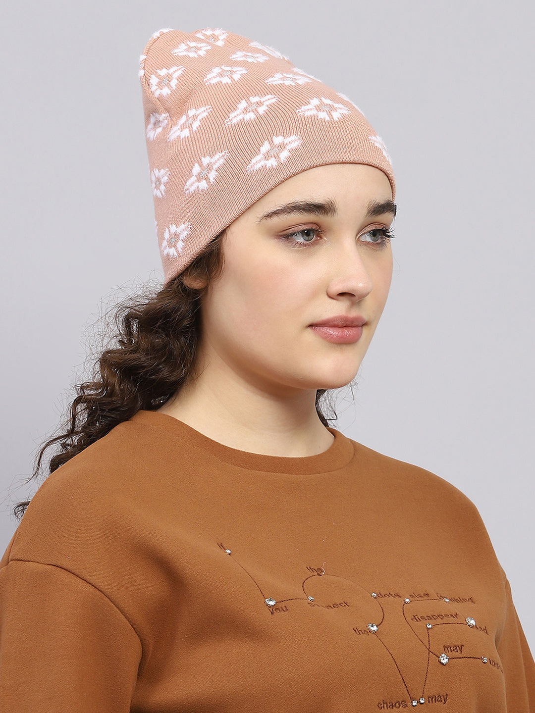 Women Peach Self Design Cap