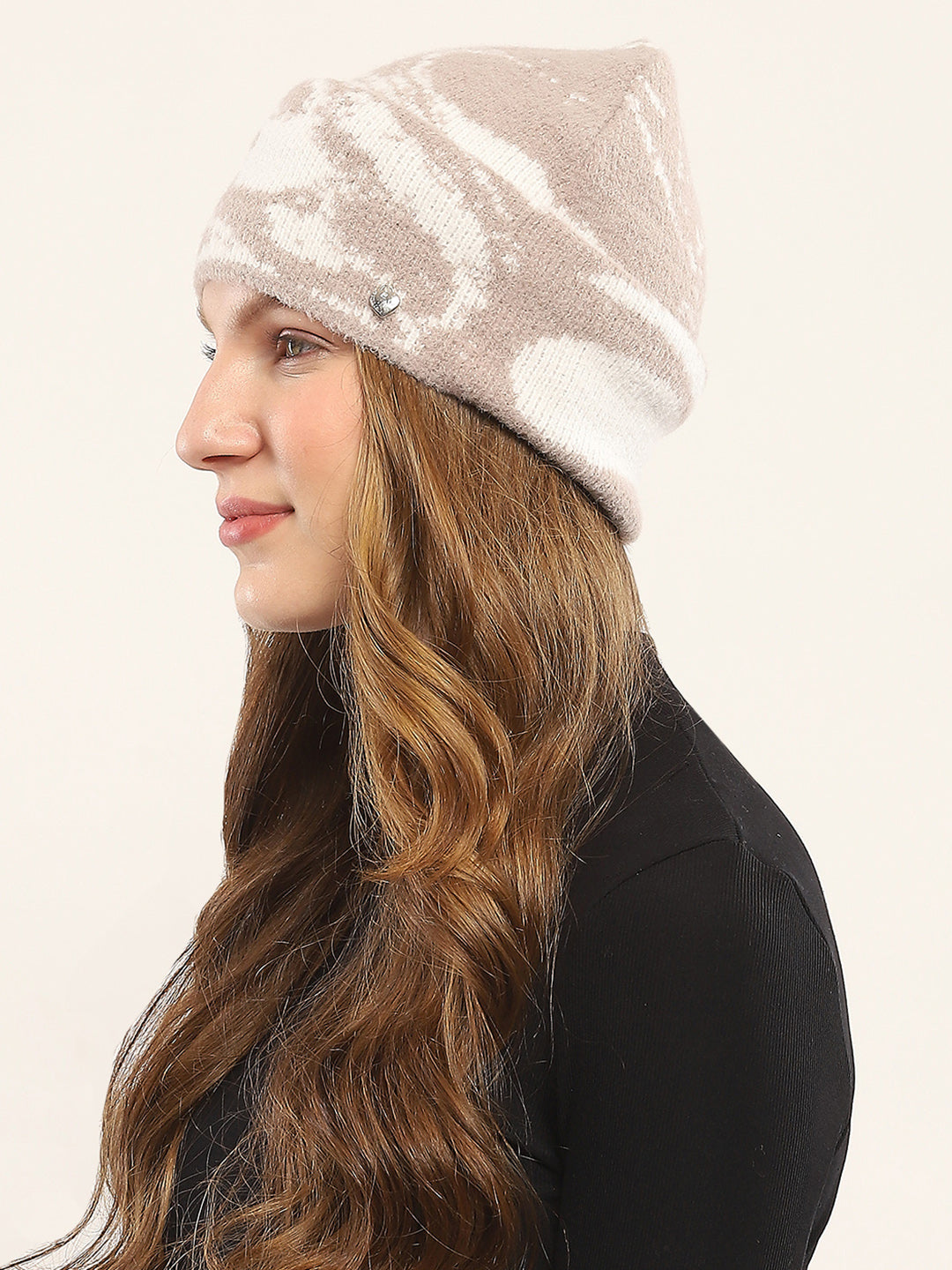 Women Beige Self Design Cap