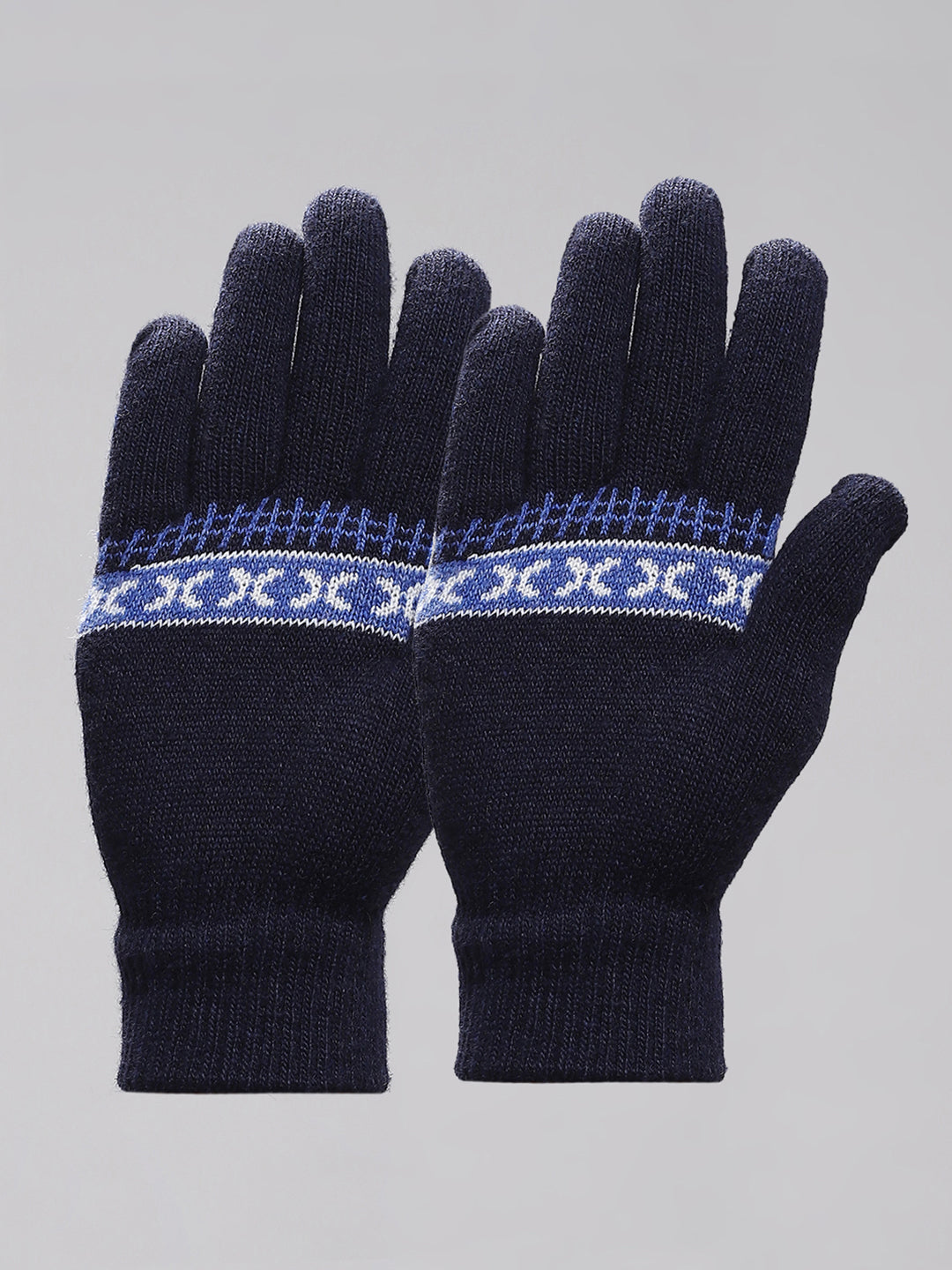Men Navy Blue Self Design Gloves