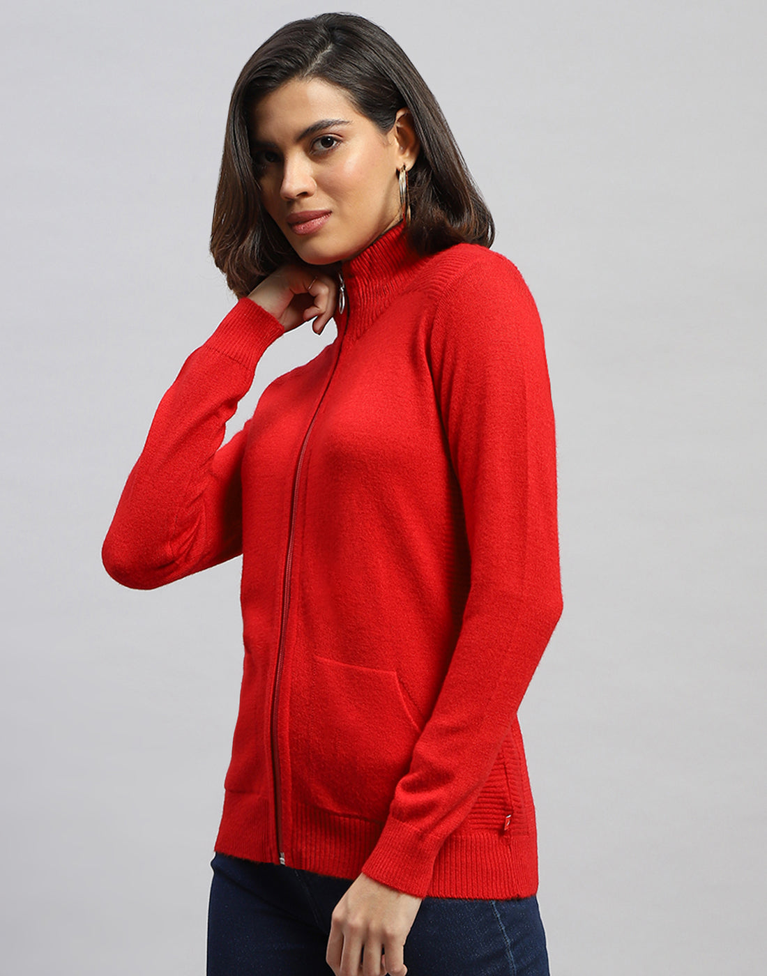 Women Red Solid High Neck Full Sleeve Cardigan
