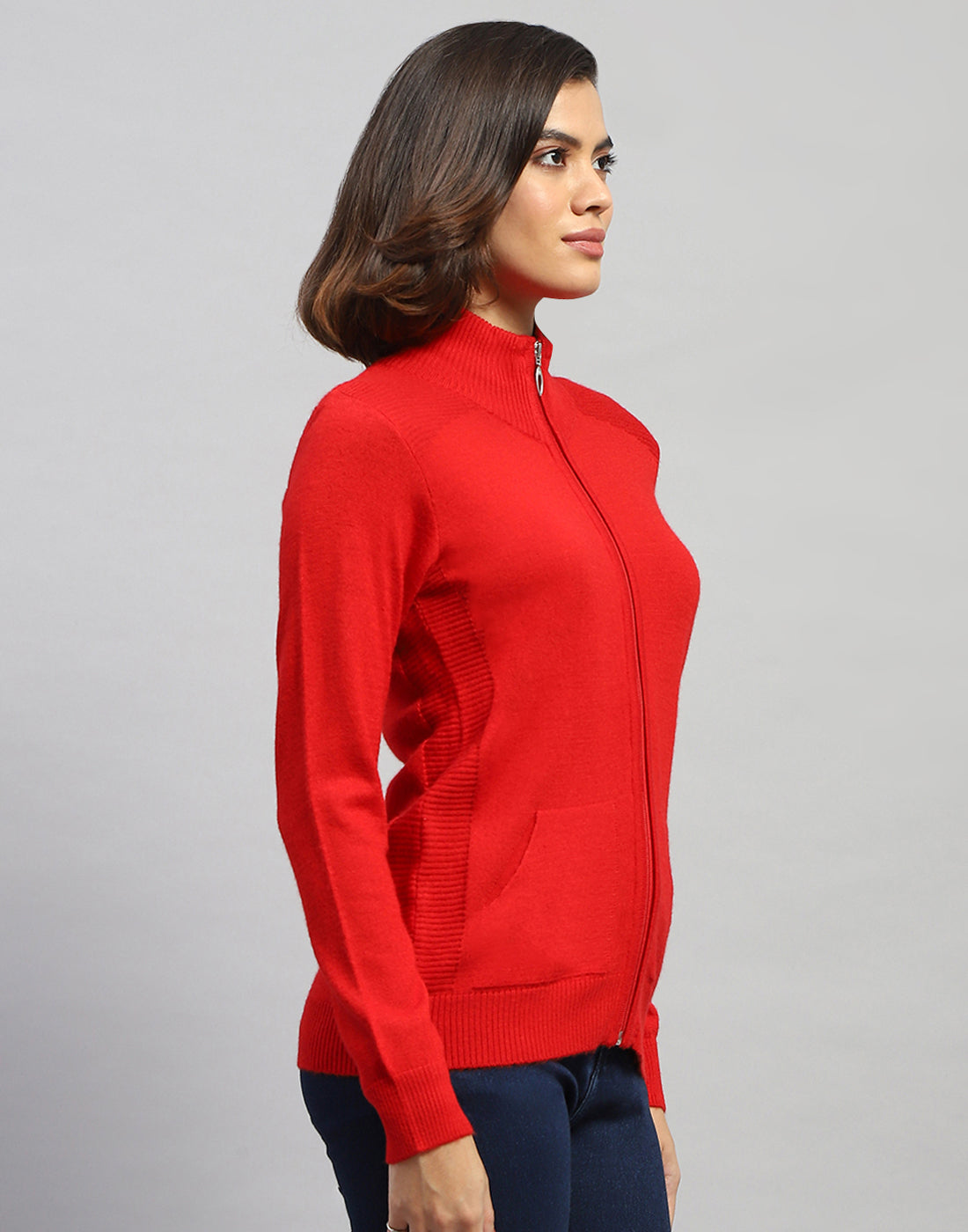 Women Red Solid High Neck Full Sleeve Cardigan