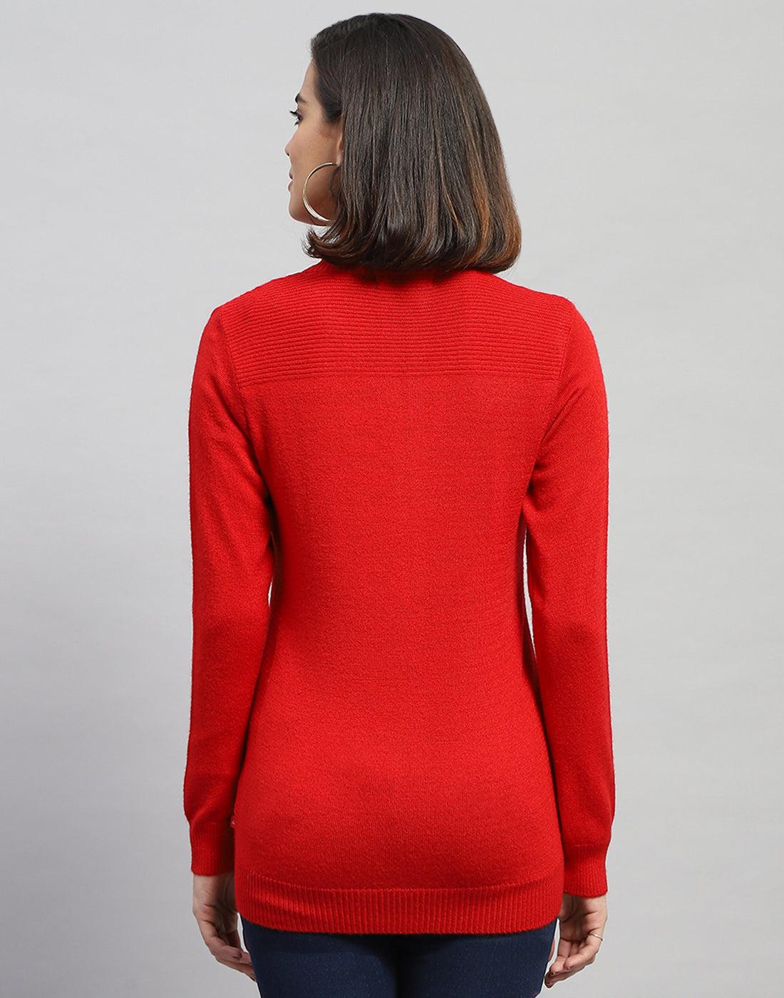Women Red Solid High Neck Full Sleeve Cardigan
