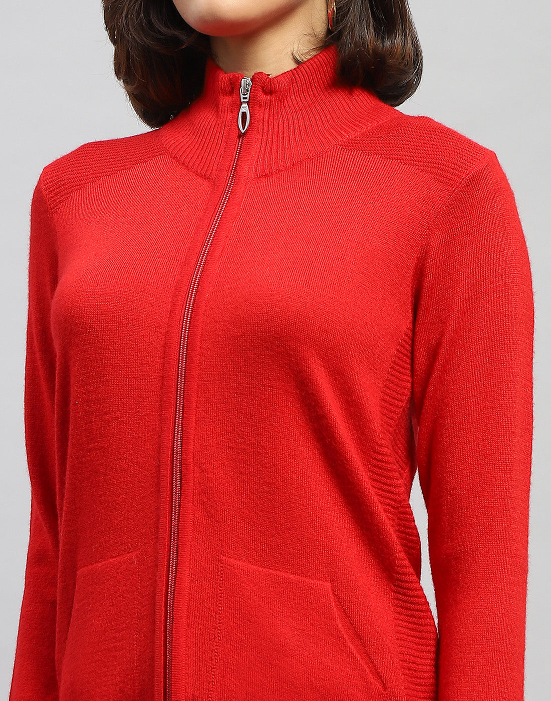 Women Red Solid High Neck Full Sleeve Cardigan