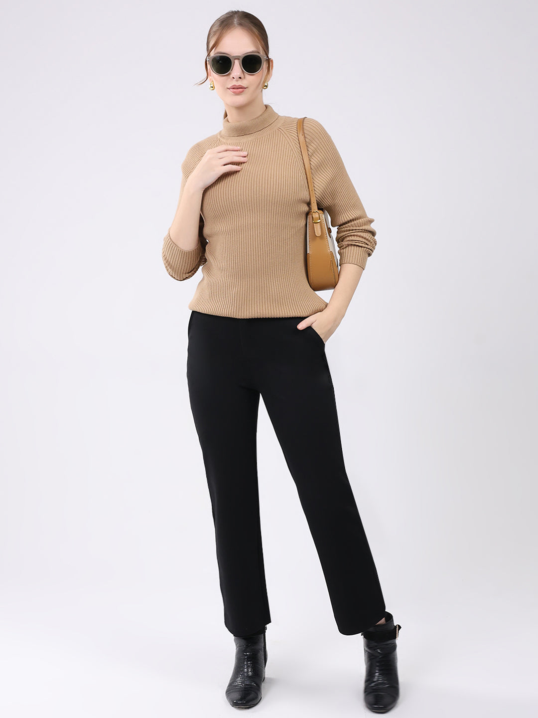 Women Khaki Self Design High Neck Full Sleeve Sceavy