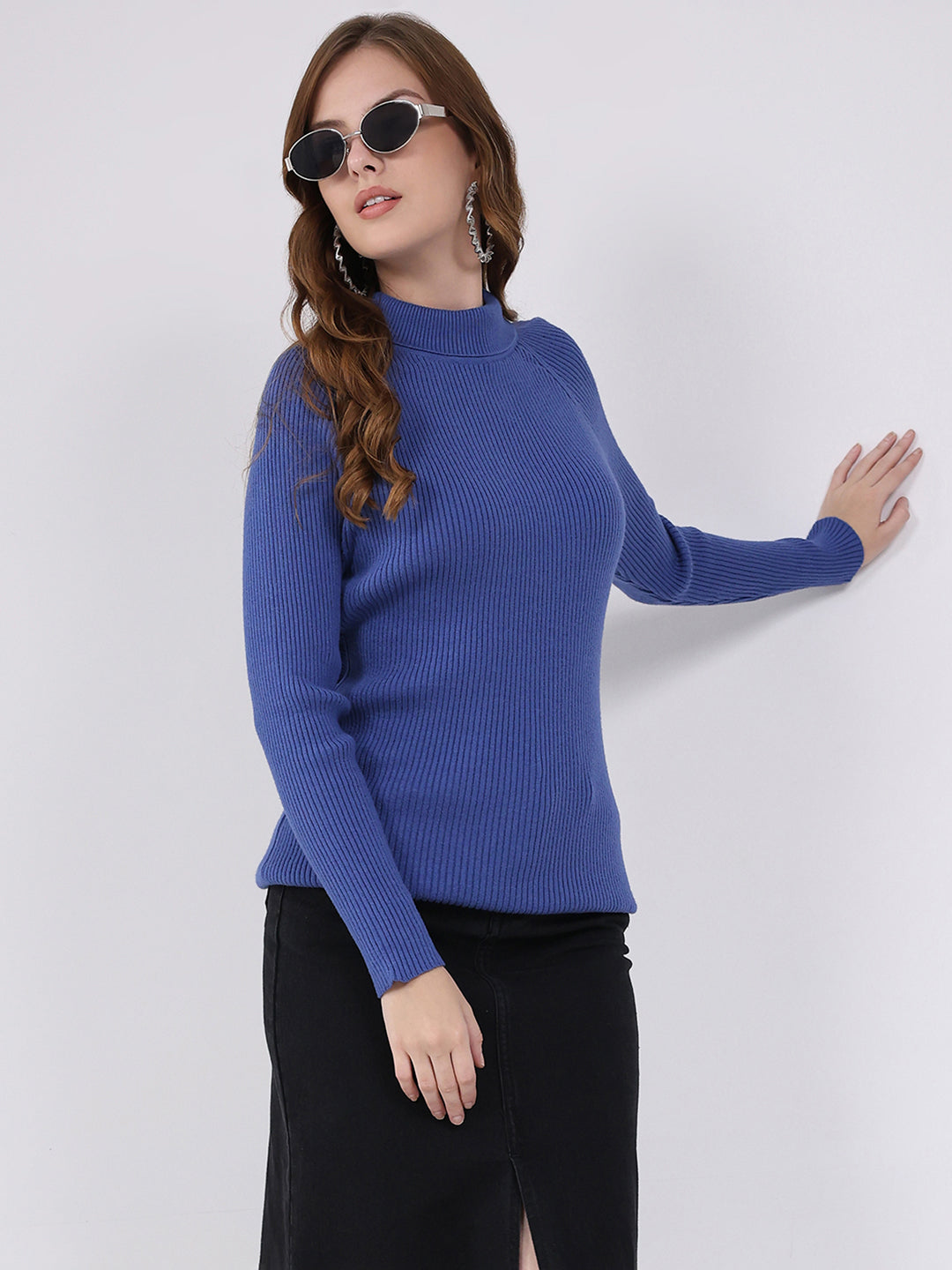Women Blue Self Design High Neck Full Sleeve Sceavy