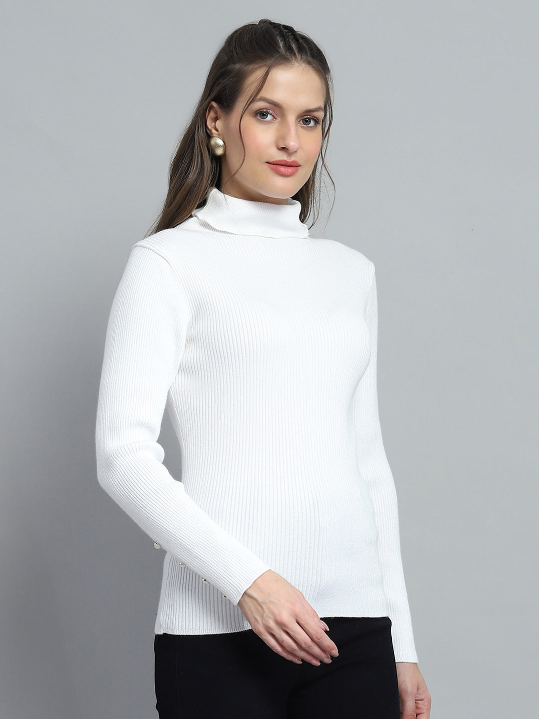 Women White Solid High Neck Full Sleeve Sceavy