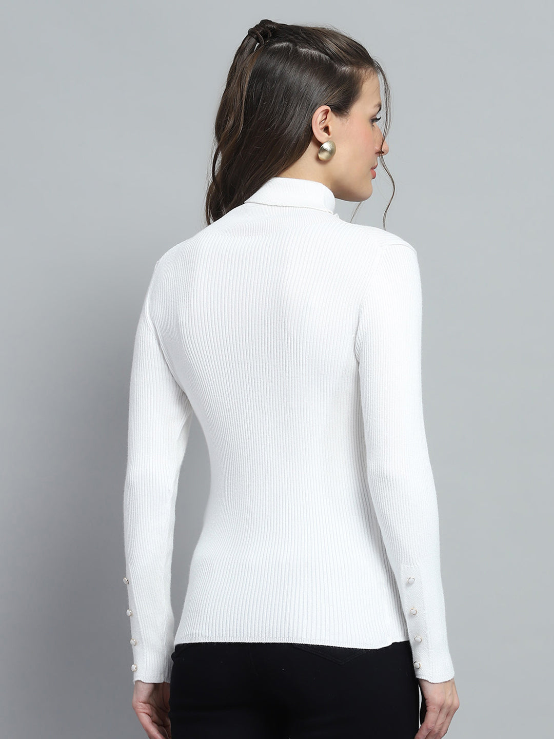 Women White Solid High Neck Full Sleeve Sceavy