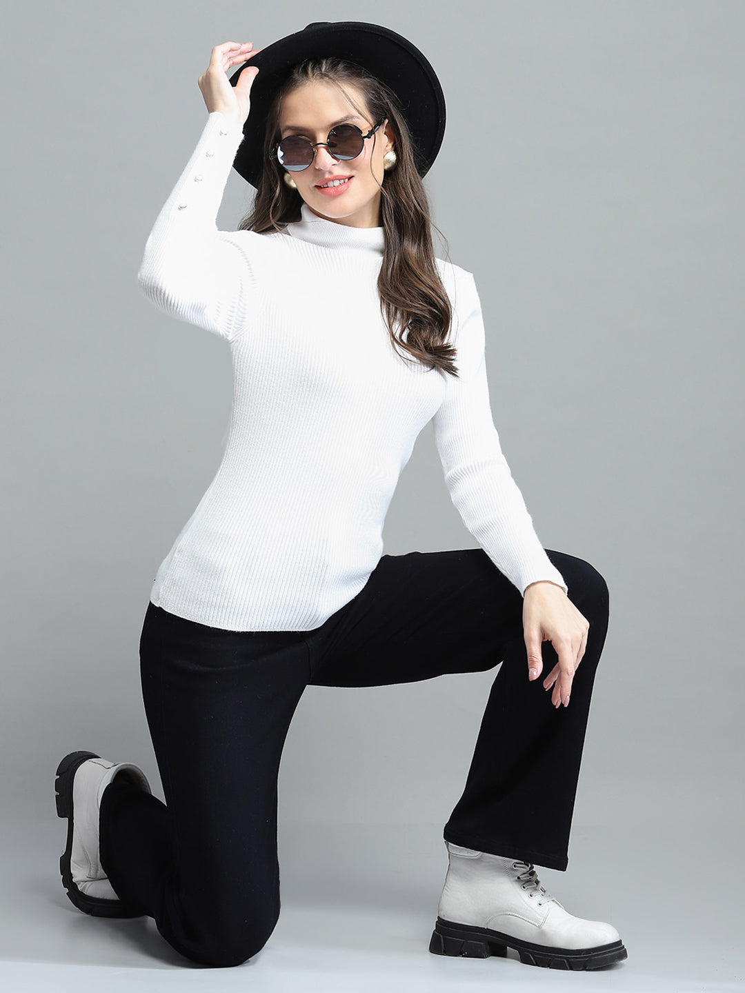 Women White Solid High Neck Full Sleeve Sceavy