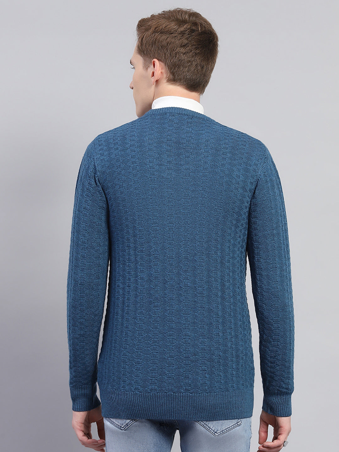 Men Blue Self Design V Neck Full Sleeve Pullover