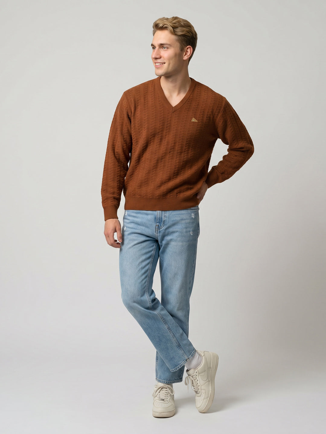Men Rust Self Design V Neck Full Sleeve Pullover