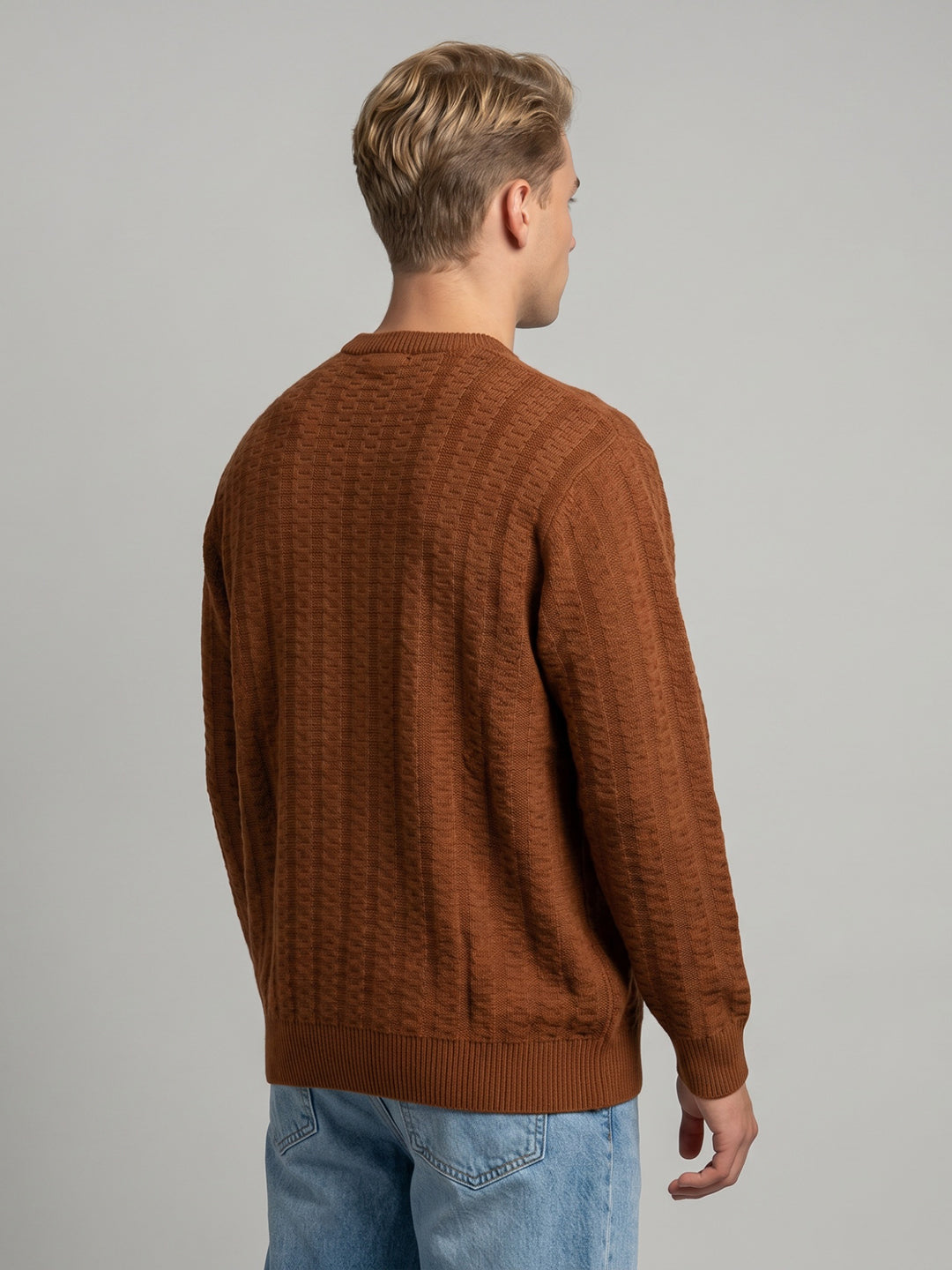 Men Rust Self Design V Neck Full Sleeve Pullover