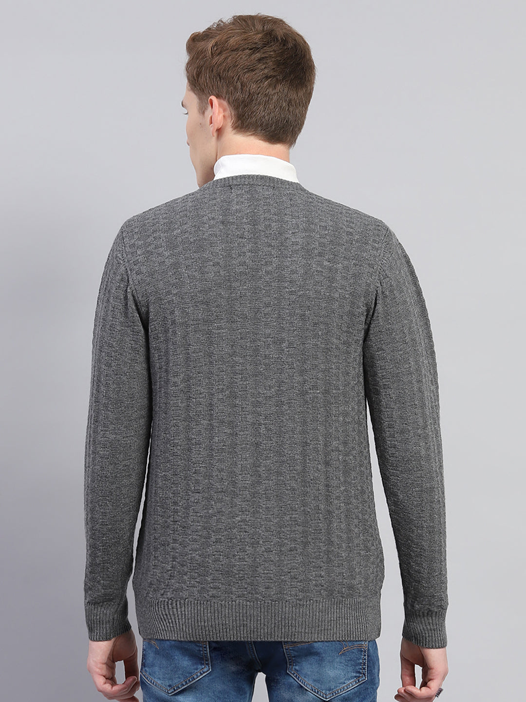 Men Grey Solid V Neck Full Sleeve Pullover