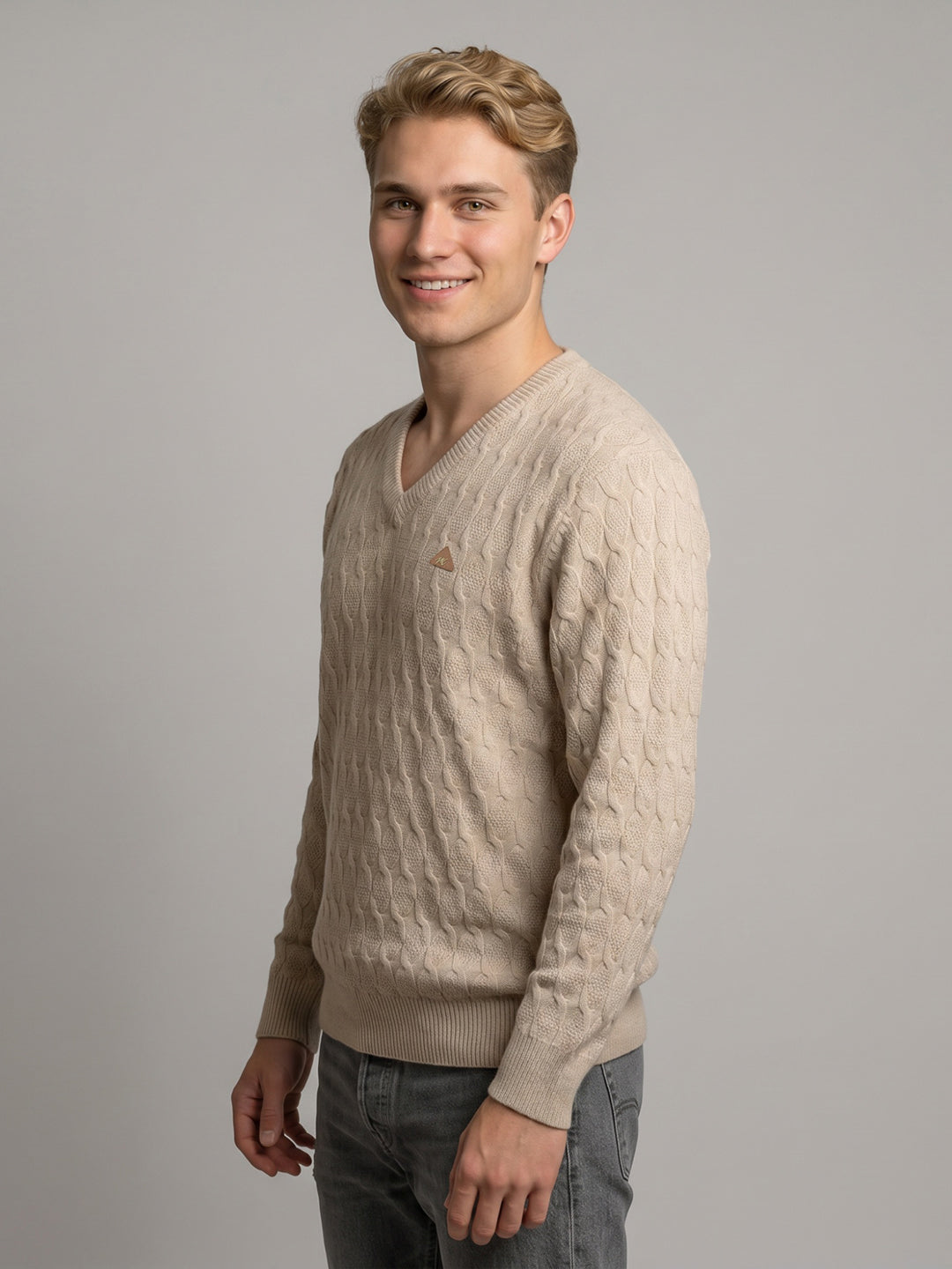 Men Beige Self Design V Neck Full Sleeve Pullover