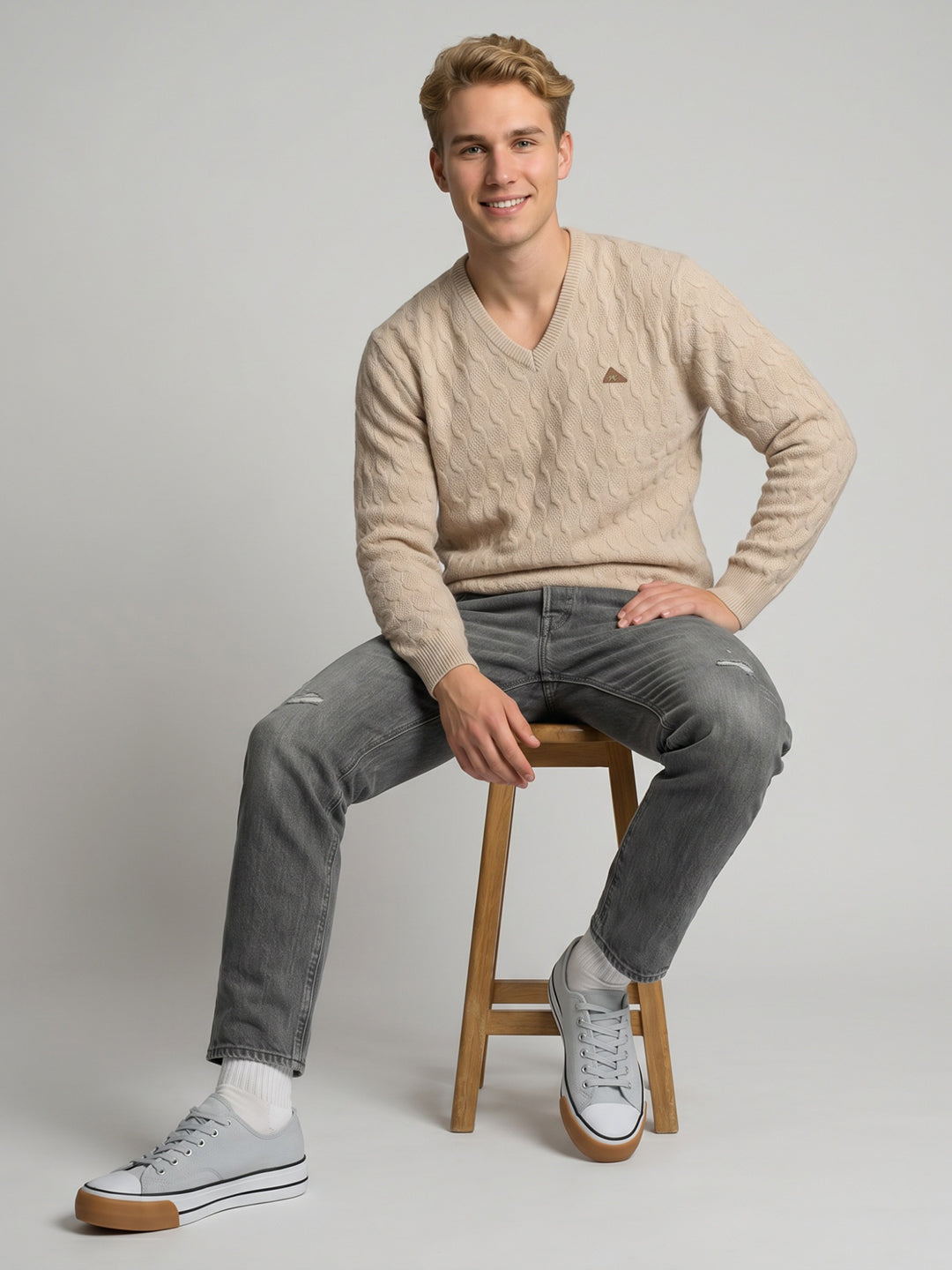 Men Beige Self Design V Neck Full Sleeve Pullover