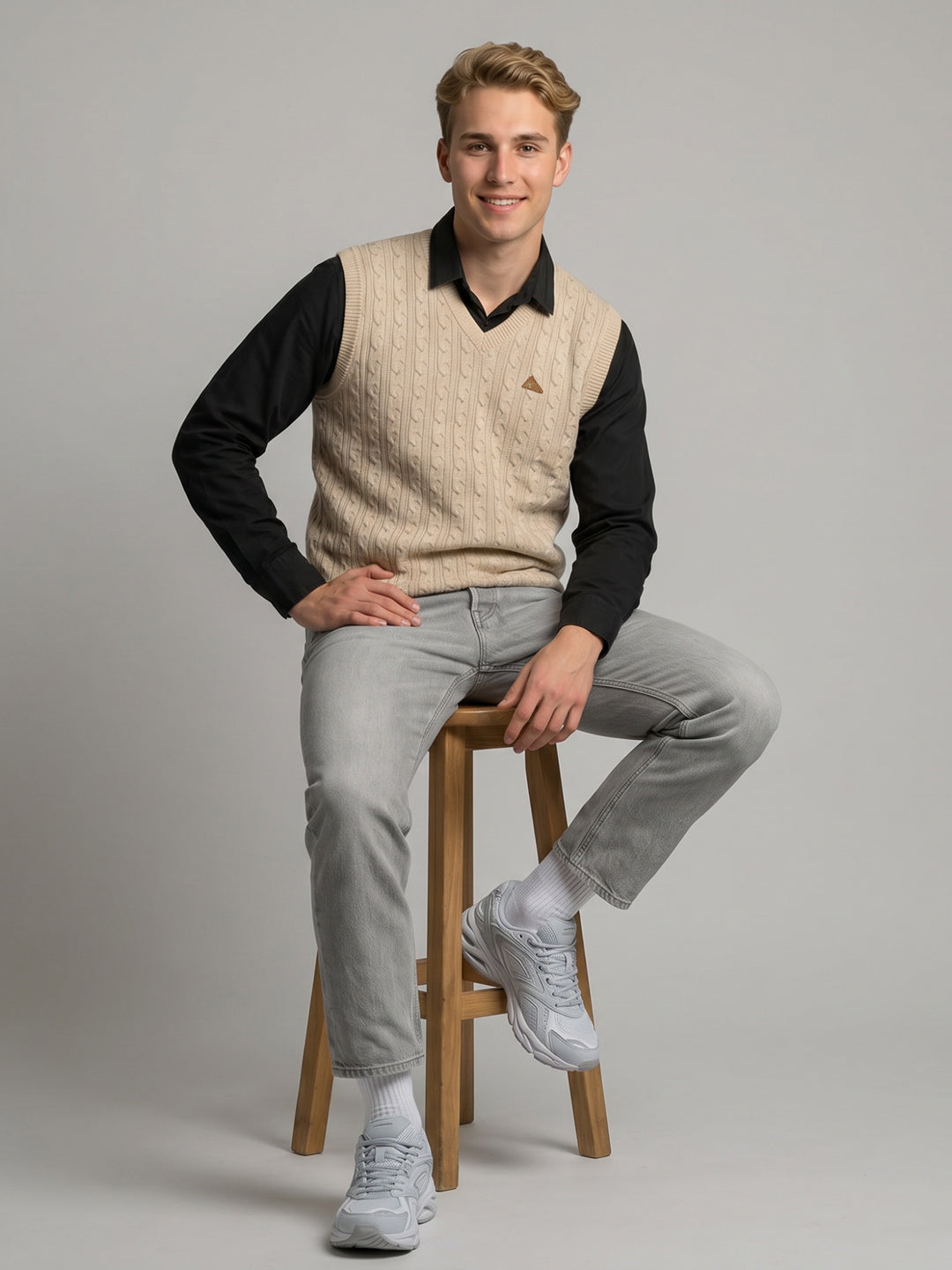 Men Beige Self Design V Neck Sleeveless Sweater