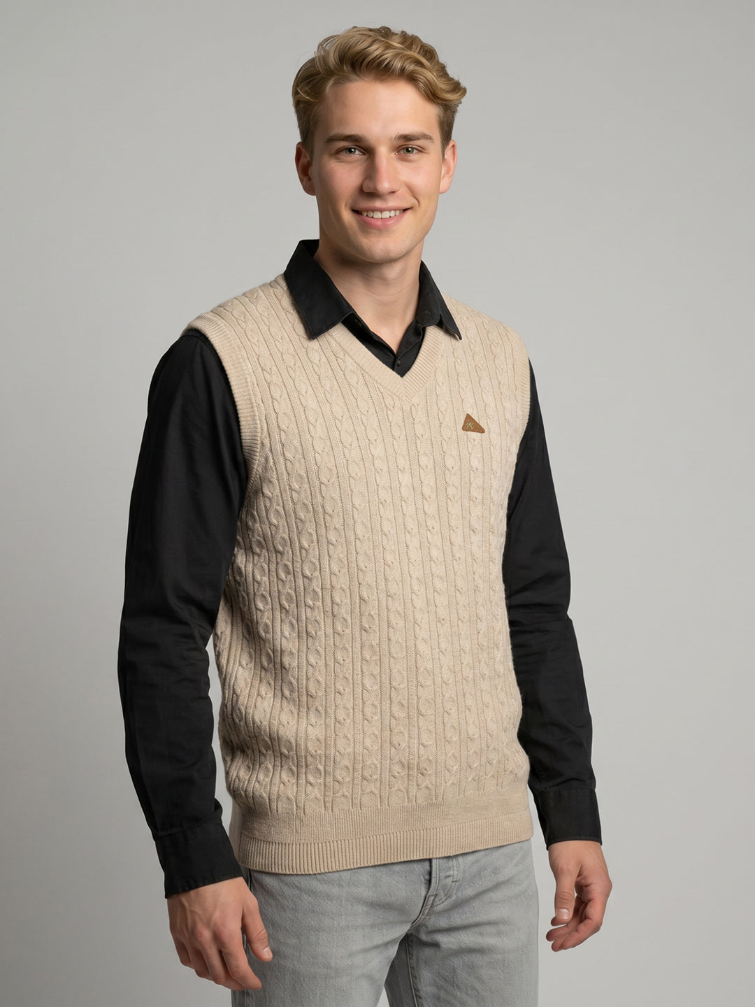 Men Beige Self Design V Neck Sleeveless Sweater