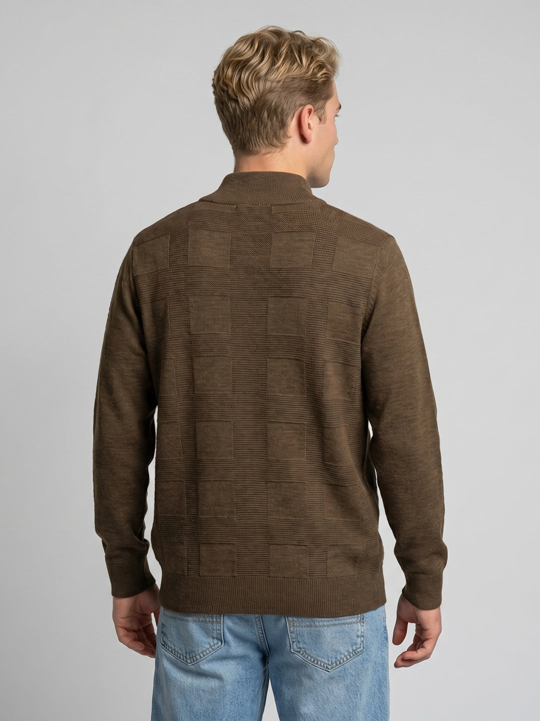 Men Brown Self Design Turtle Neck Full Sleeve Pullover