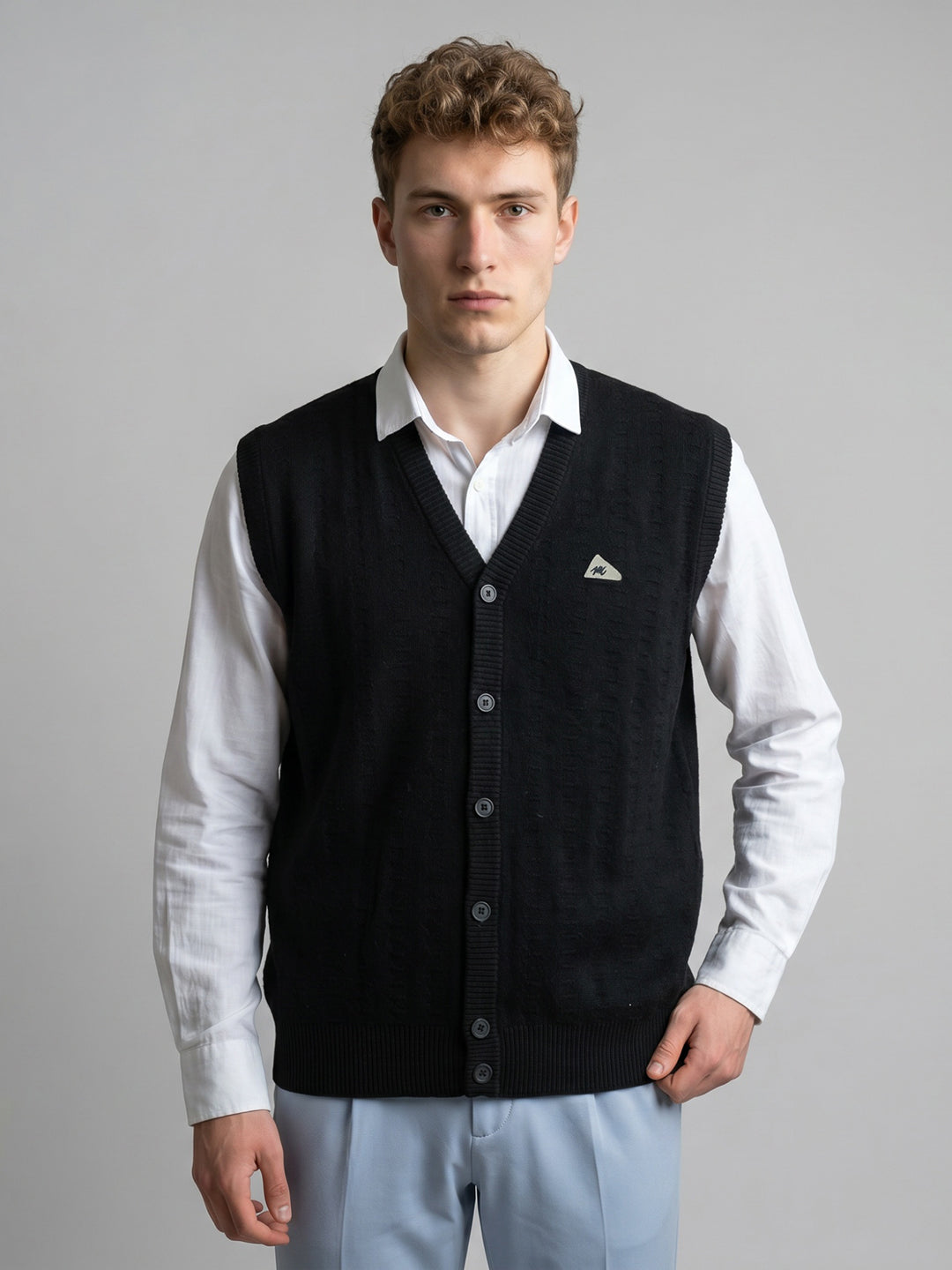Men Black Self Design V Neck Sleeveless Cardigan