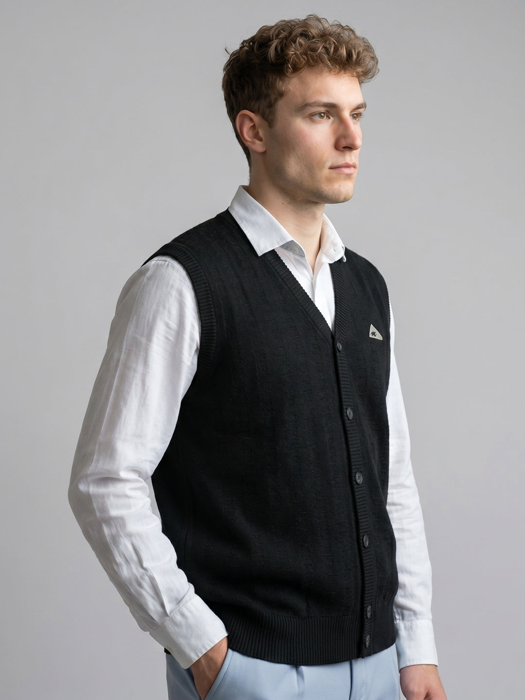 Men Black Self Design V Neck Sleeveless Cardigan