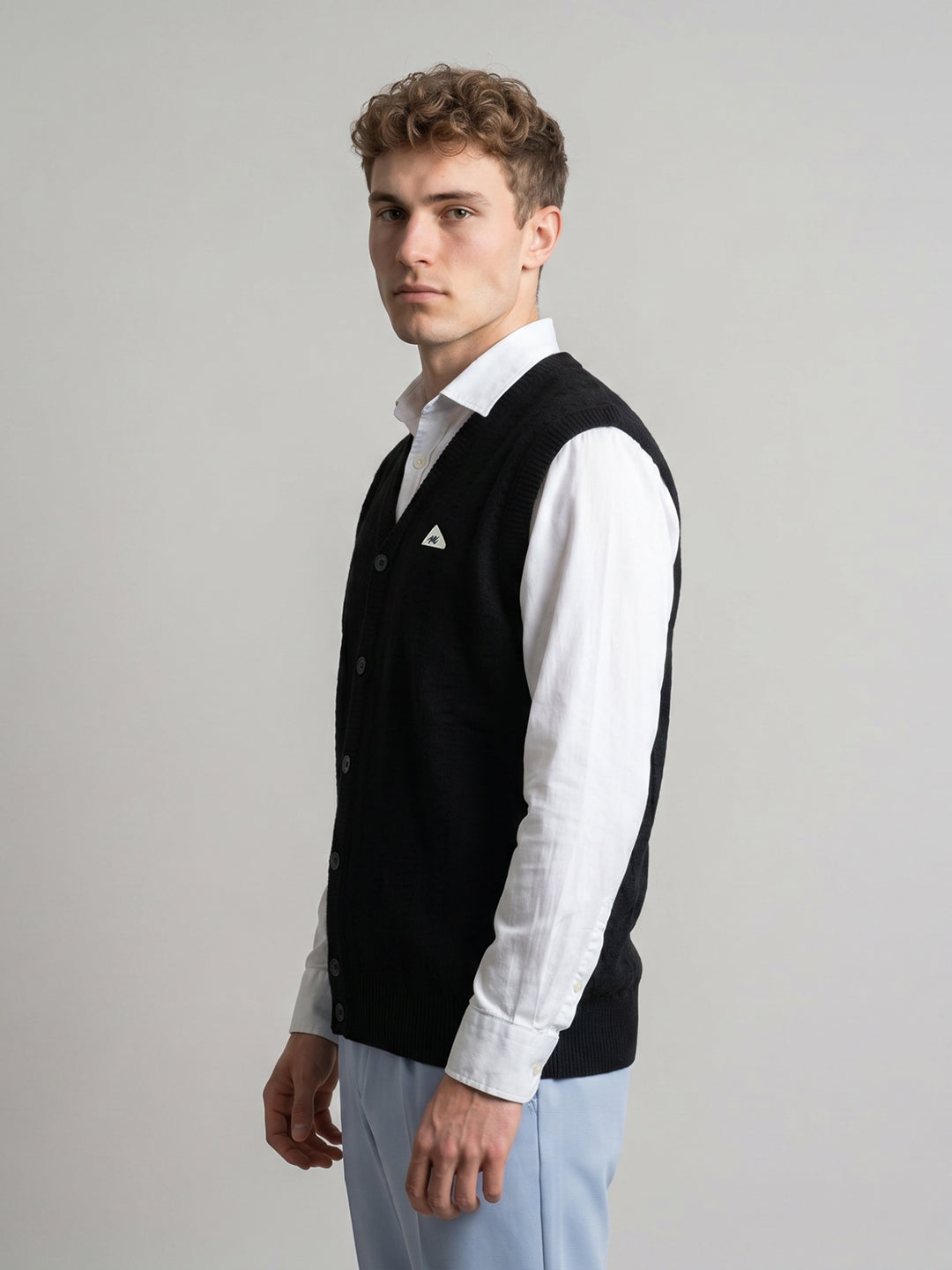 Men Black Self Design V Neck Sleeveless Cardigan