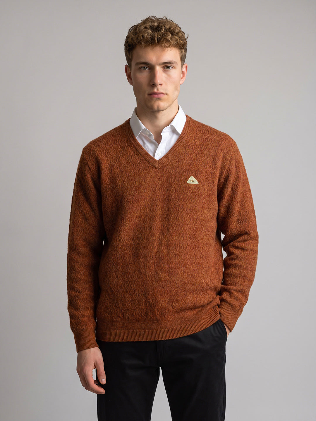 Men Rust Self Design V Neck Full Sleeve Pullover