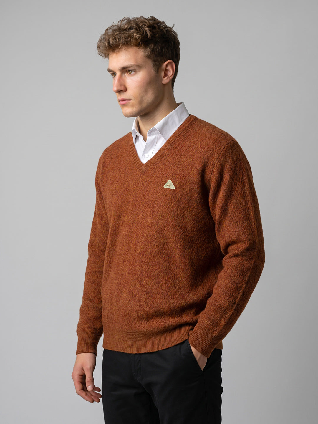 Men Rust Self Design V Neck Full Sleeve Pullover