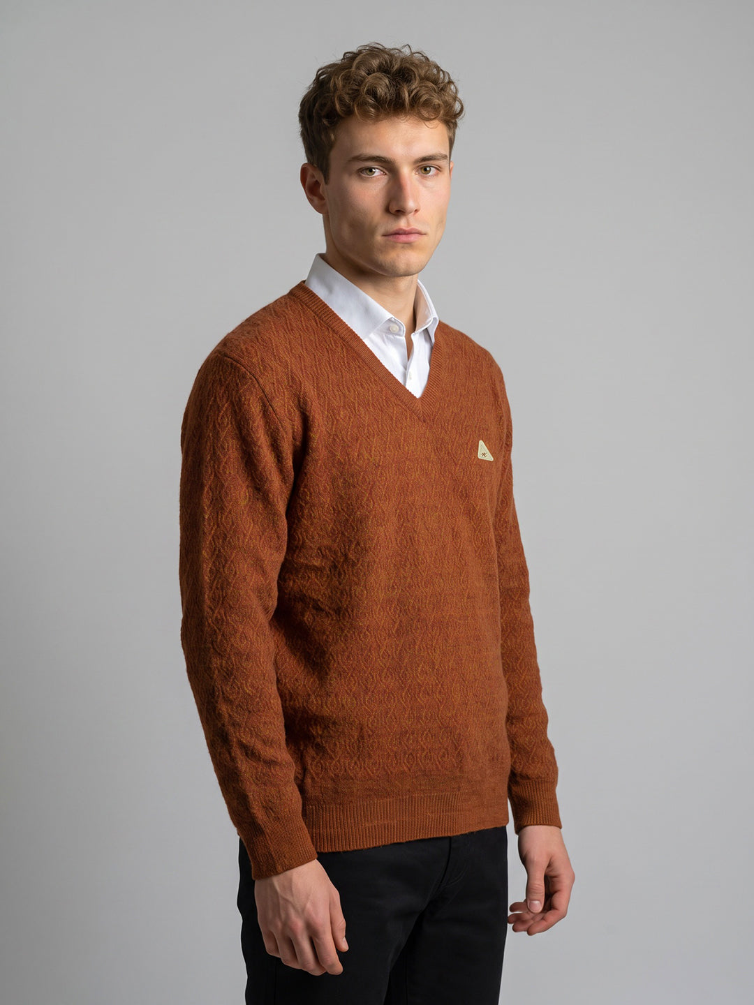 Men Rust Self Design V Neck Full Sleeve Pullover