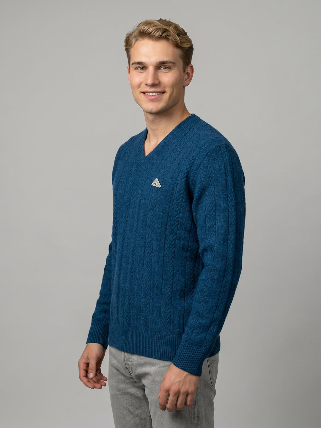 Men Blue Self Design V Neck Full Sleeve Pullover