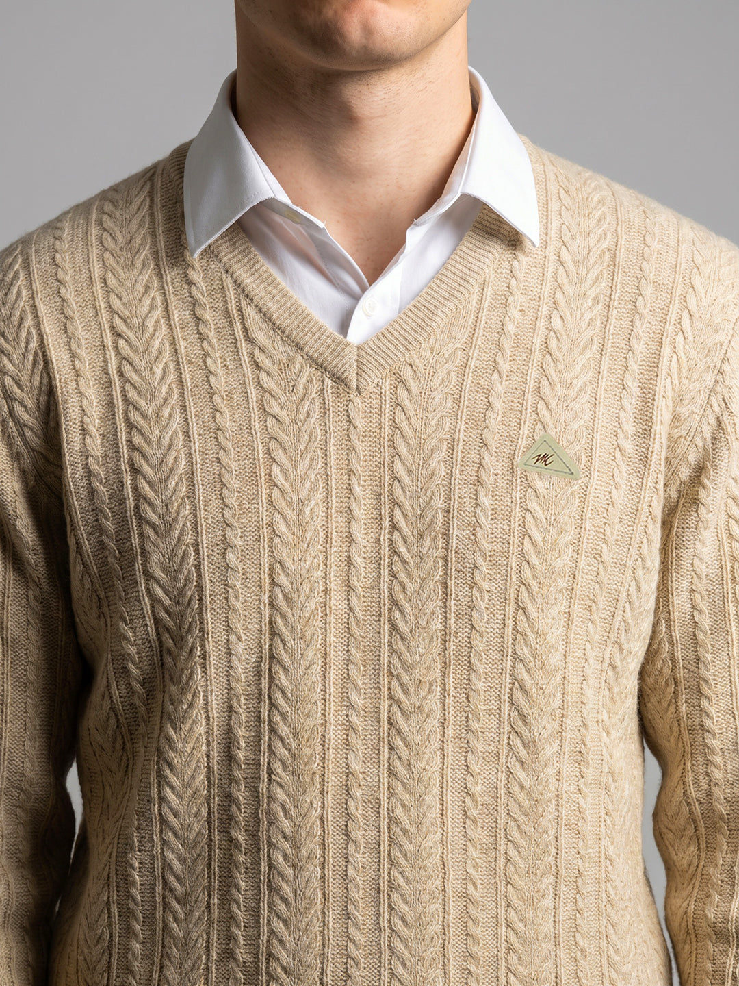 Men Beige Self Design V Neck Full Sleeve Pullover