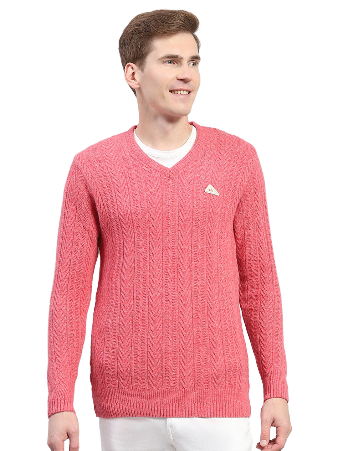 Men Pink Self Design V Neck Full Sleeve Pullover