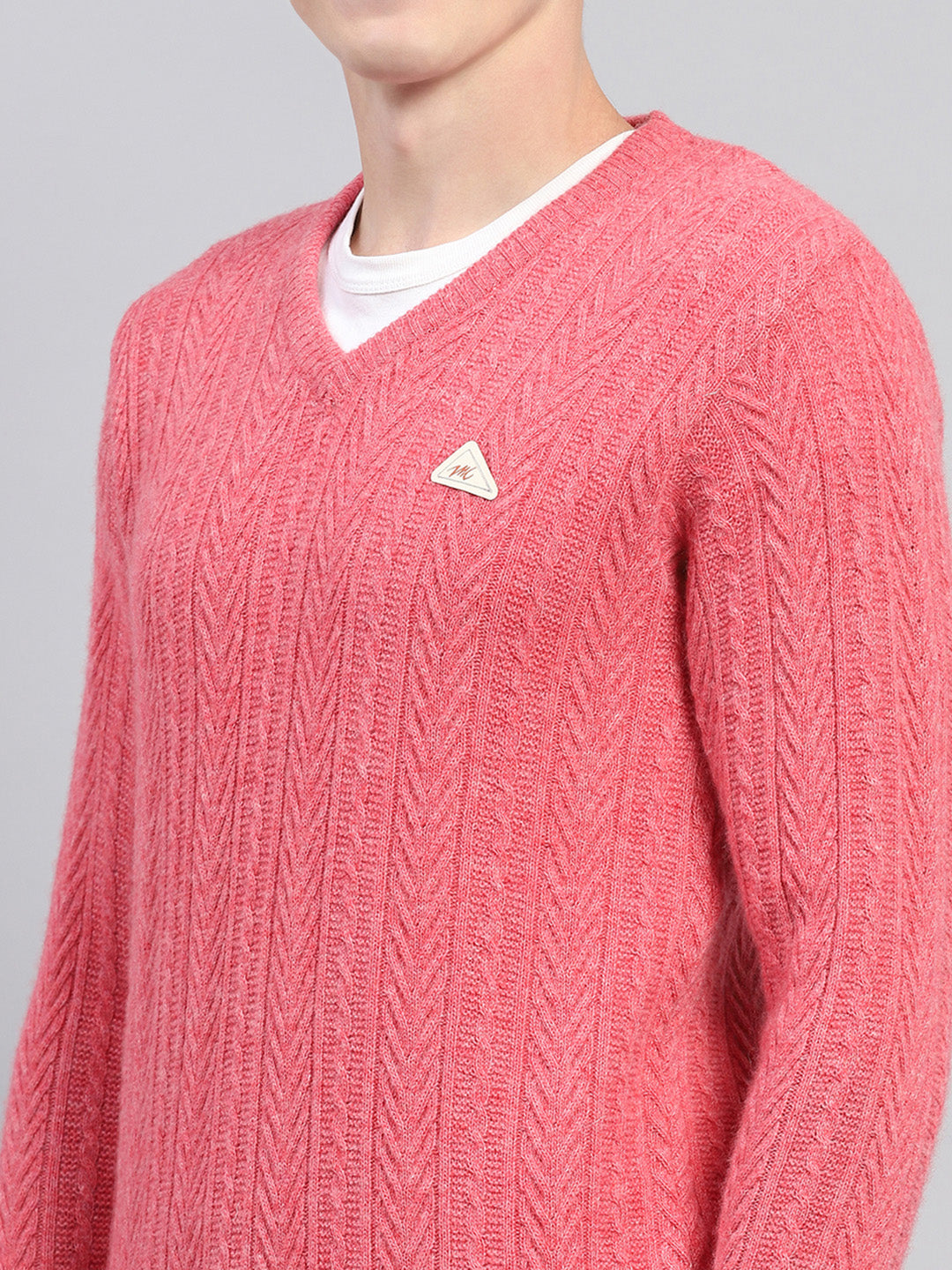 Men Pink Self Design V Neck Full Sleeve Pullover