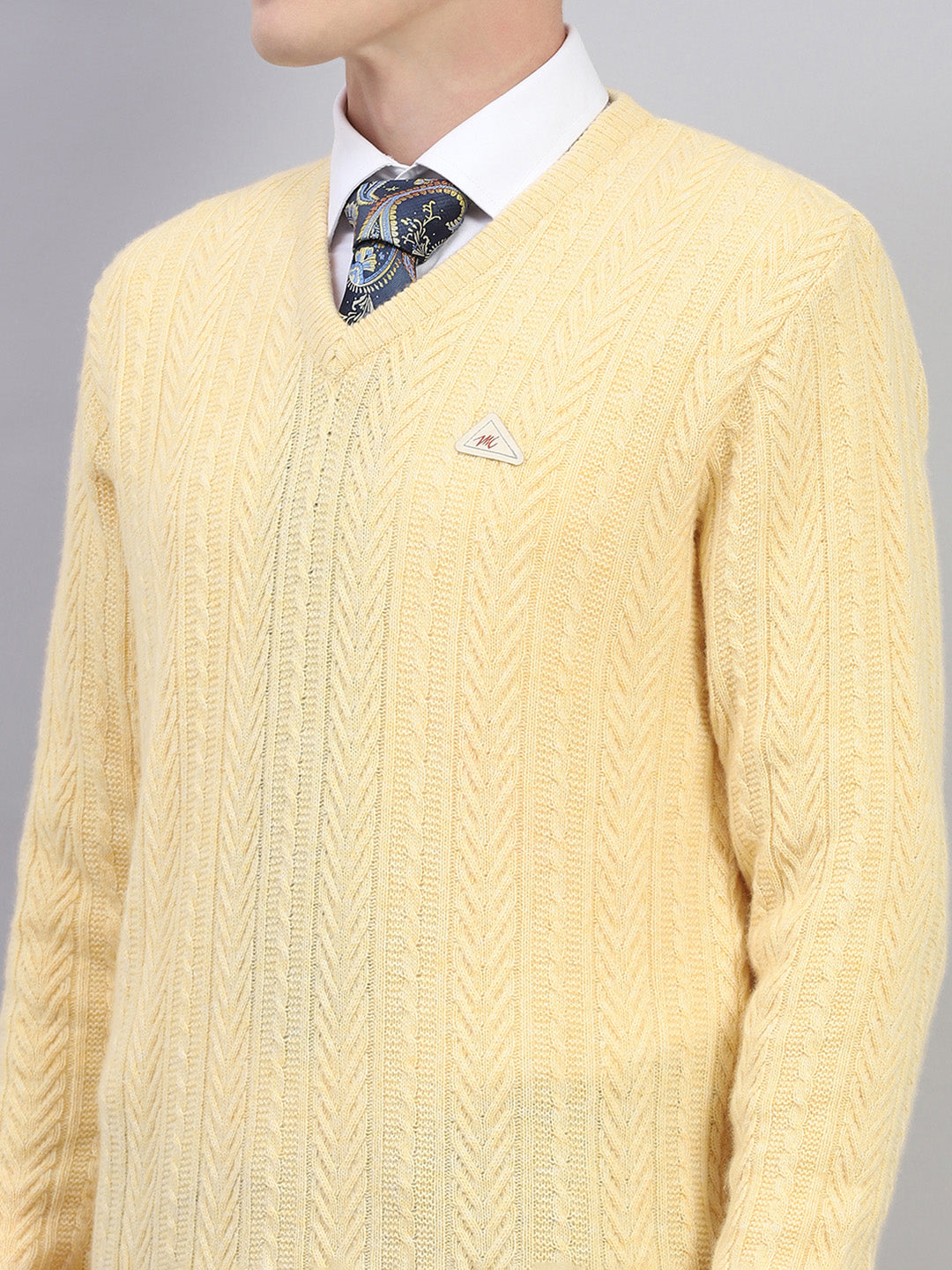 Men Yellow Self Design V Neck Full Sleeve Pullover