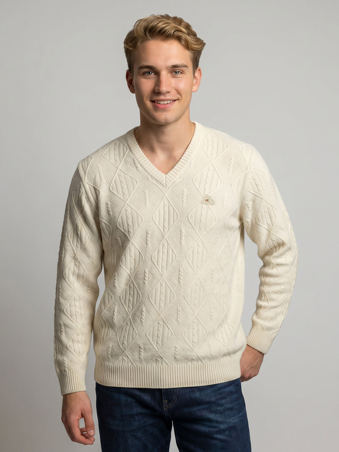 Men Off White Self Design V Neck Full Sleeve Pullover