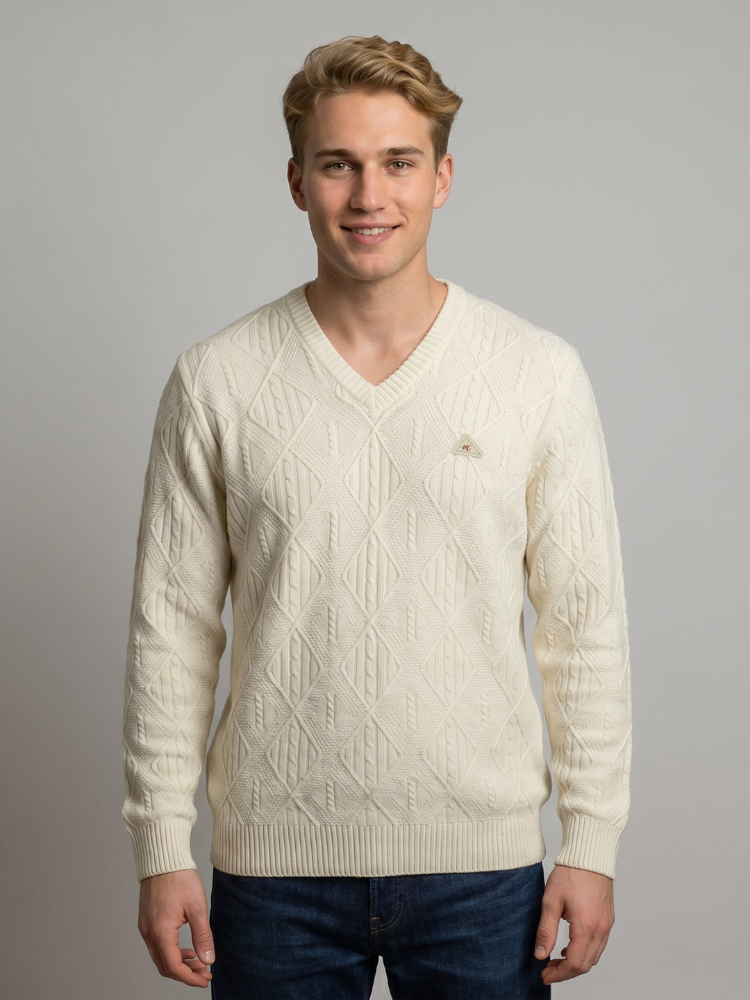 Men Off White Self Design V Neck Full Sleeve Pullover