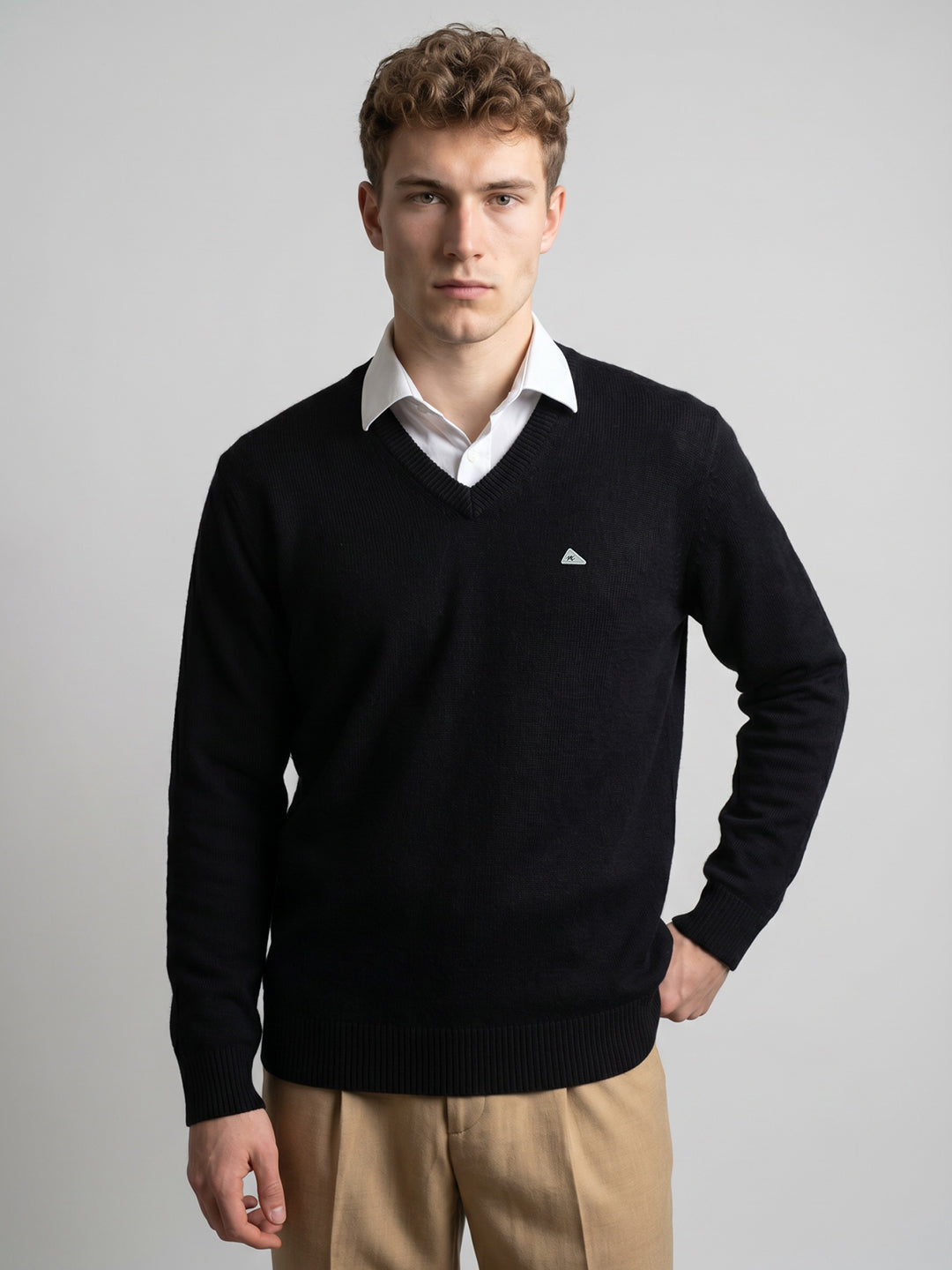 Men Black Self Design V Neck Full Sleeve Pullover