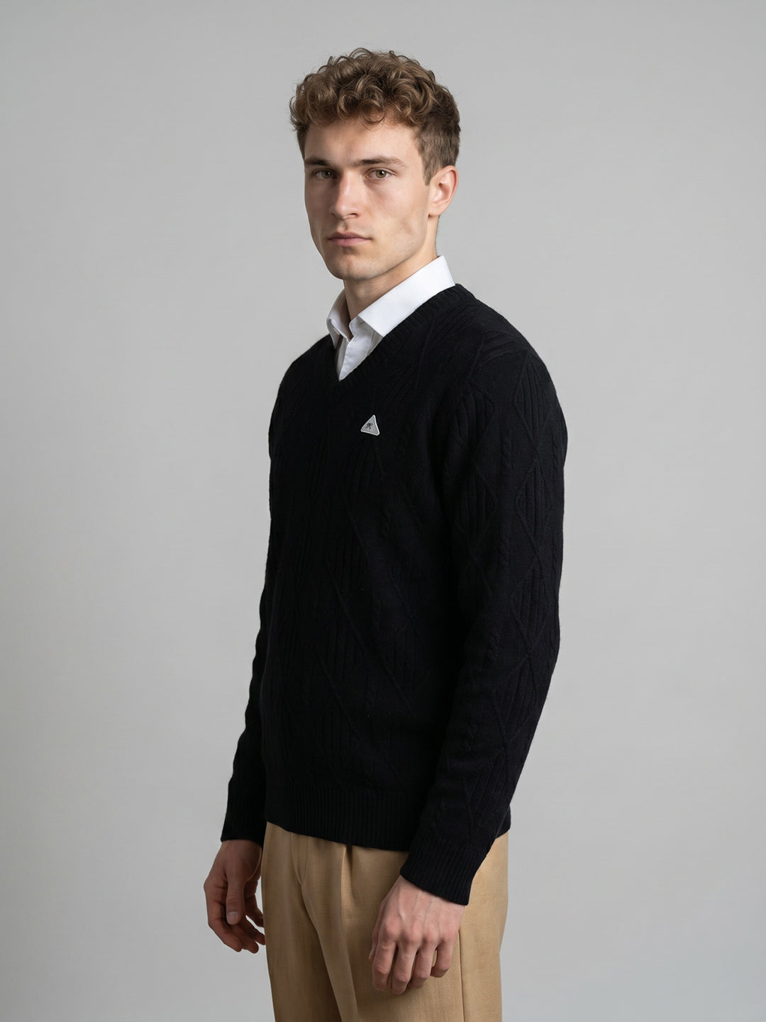 Men Black Self Design V Neck Full Sleeve Pullover