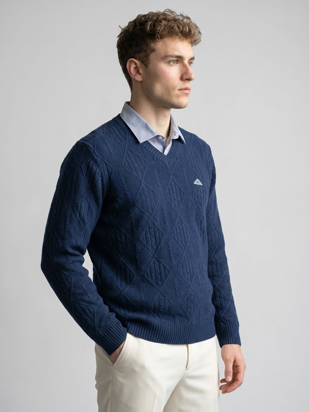 Men Blue Self Design V Neck Full Sleeve Pullover