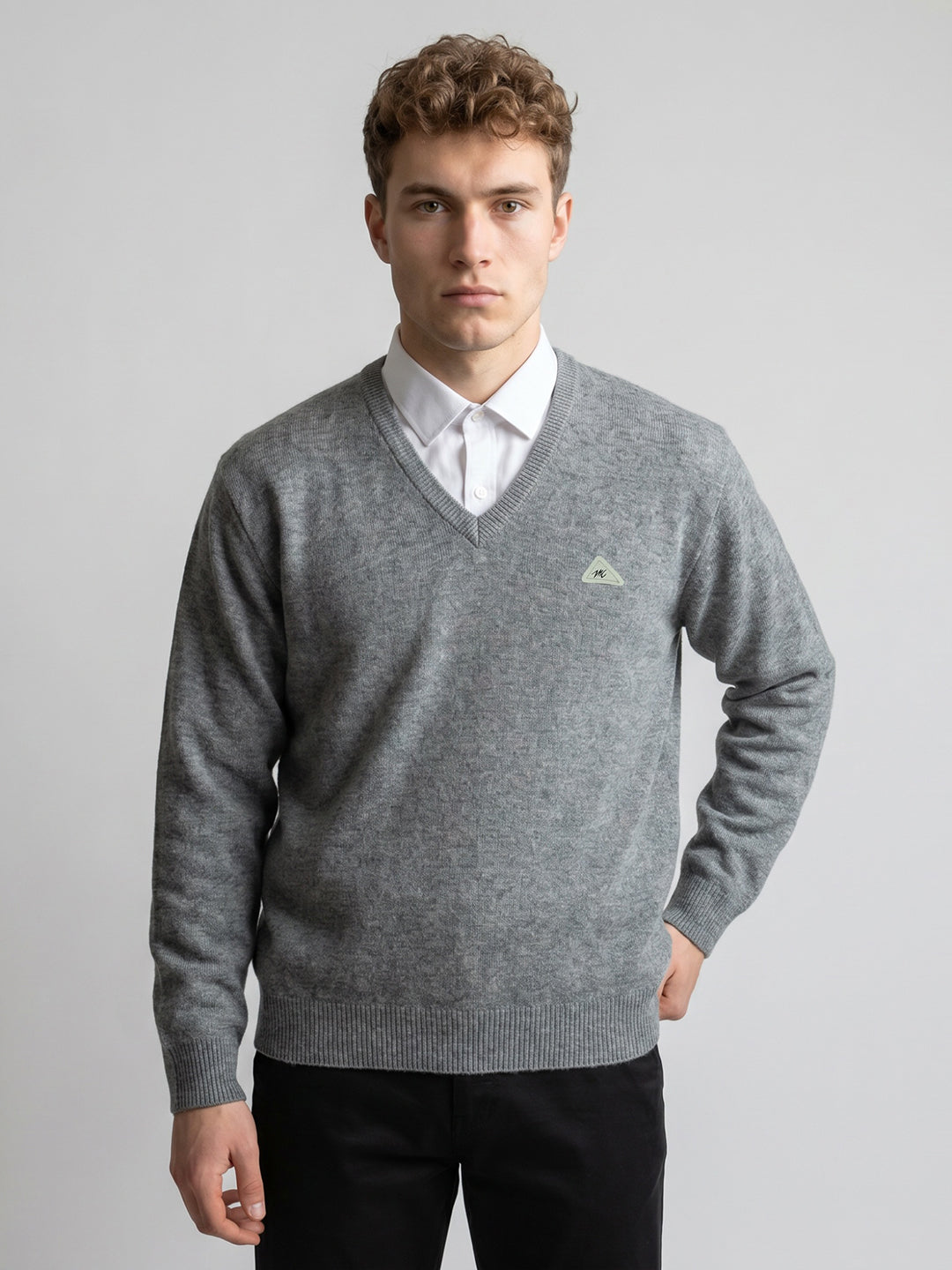 Men Grey Self Design V Neck Full Sleeve Pullover